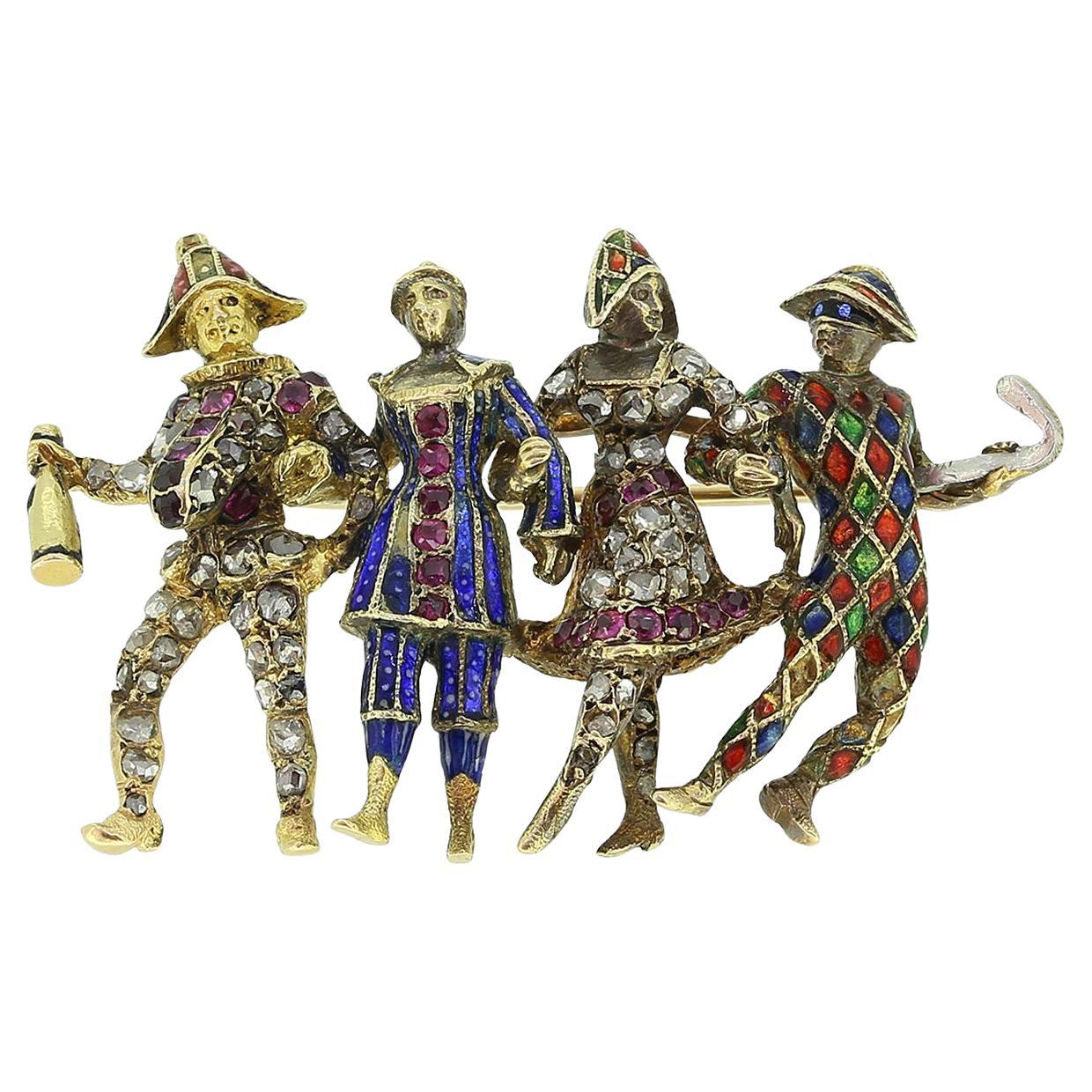 Viktorianische Harlekin-Brosche mit Rubin, Diamant und Emaille