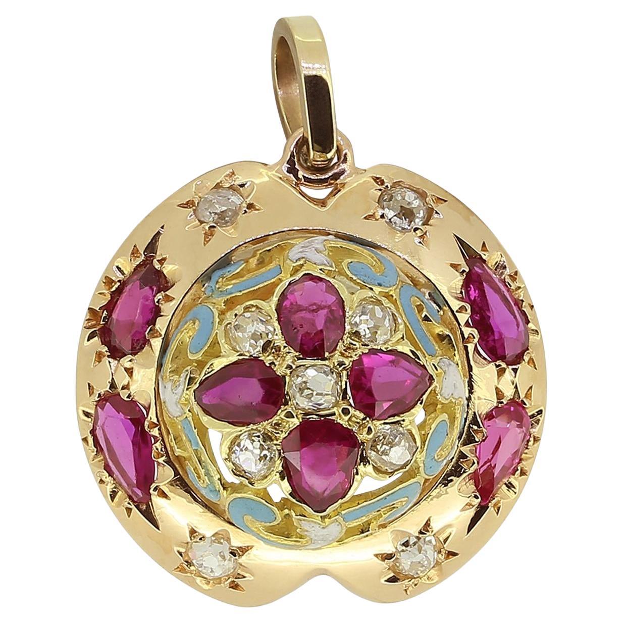 Pendentif victorien en rubis, diamant et émail en vente