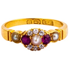 Victorian Ruby, Diamond and Pearl 18 Carat Gold Cluster Ring