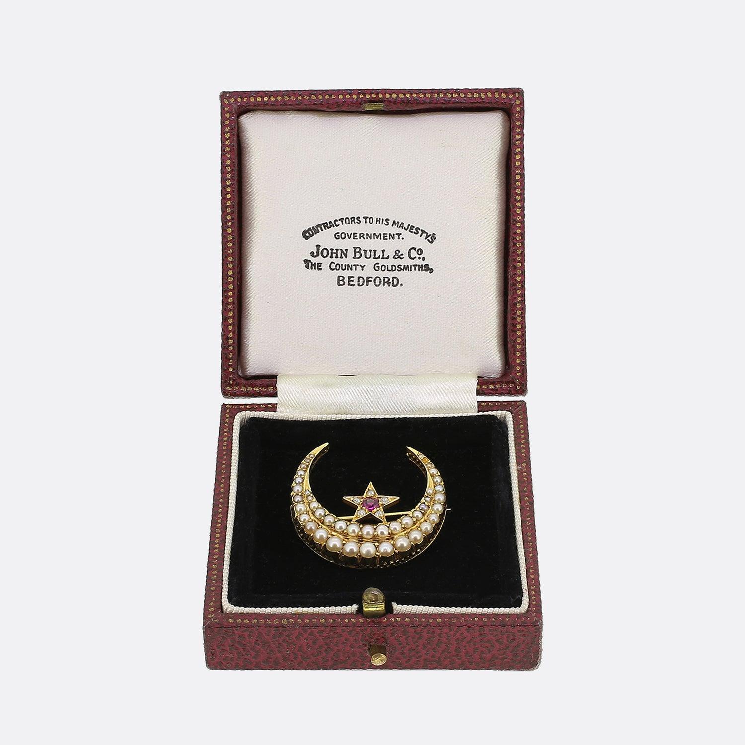 Rose Cut Victorian Ruby Diamond and Pearl Crescent Brooch For Sale