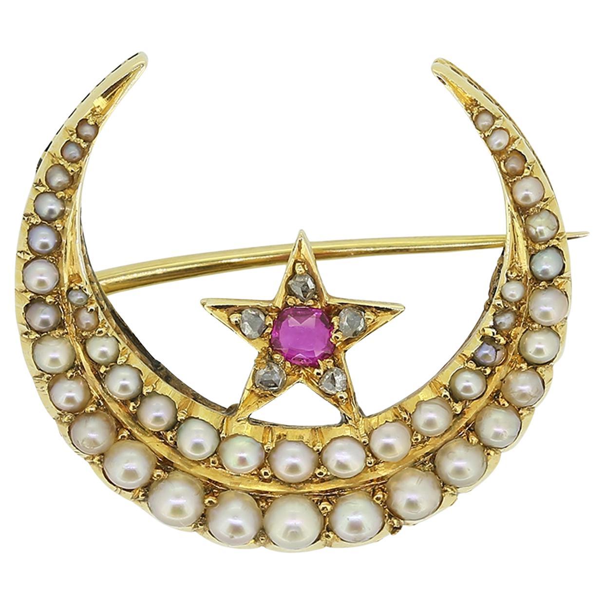 Victorian Ruby Diamond and Pearl Crescent Brooch