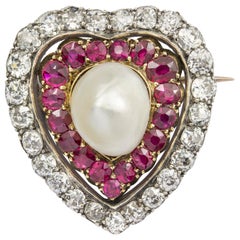 Antique Victorian Ruby, Diamond and Pearl Heart Brooch