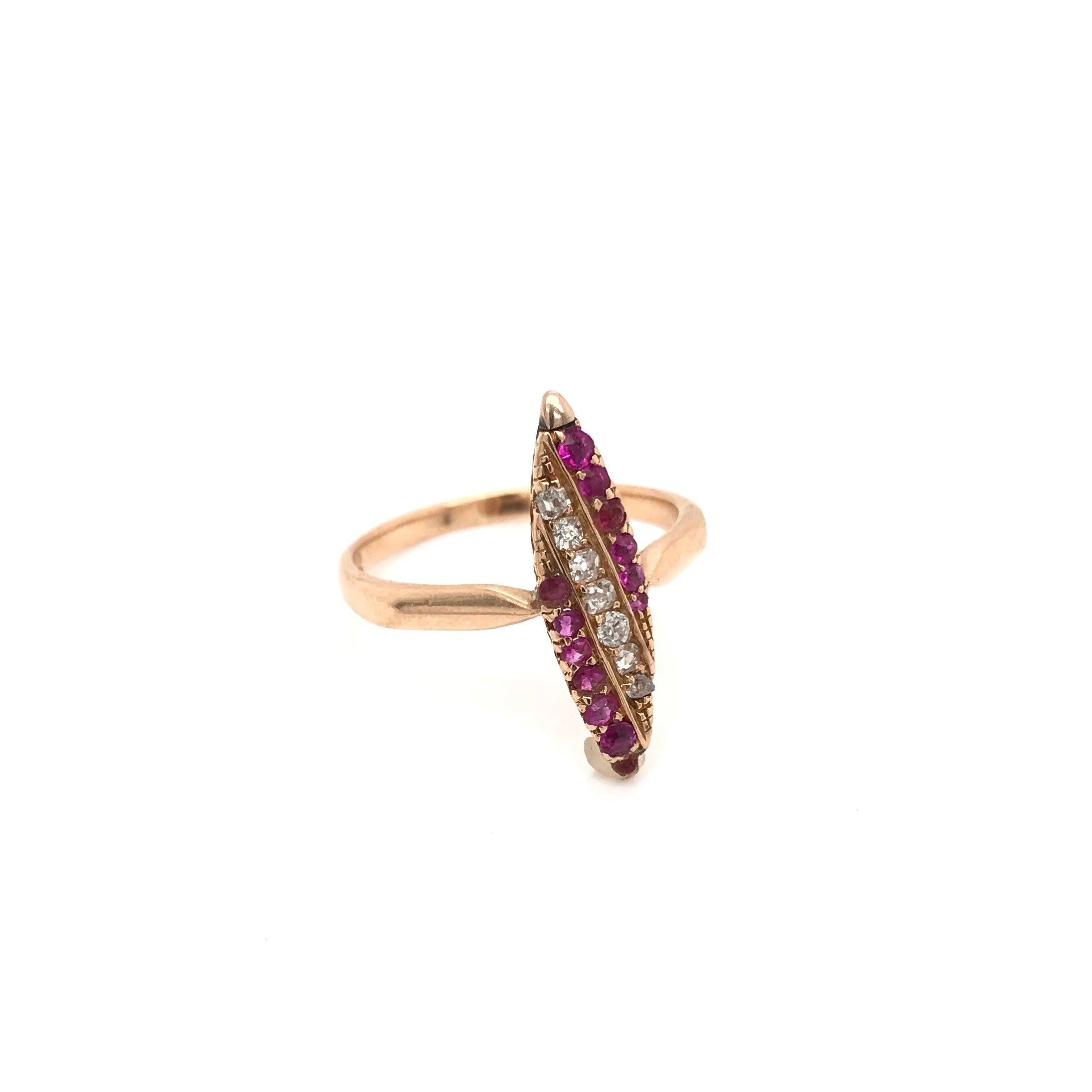 Victorian Ruby Diamond and Rose Gold Navette Ring 5