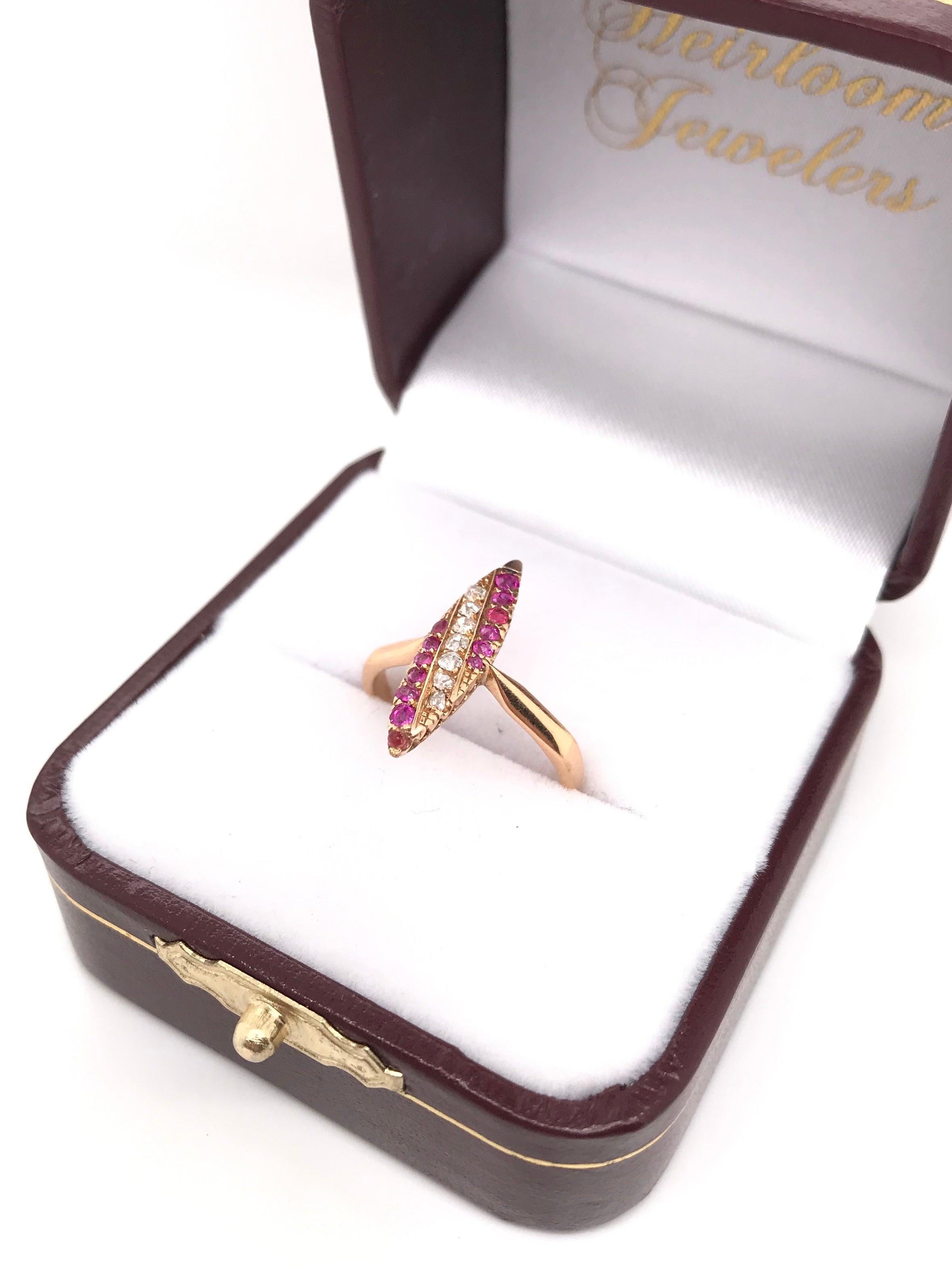 Victorian Ruby Diamond and Rose Gold Navette Ring 6