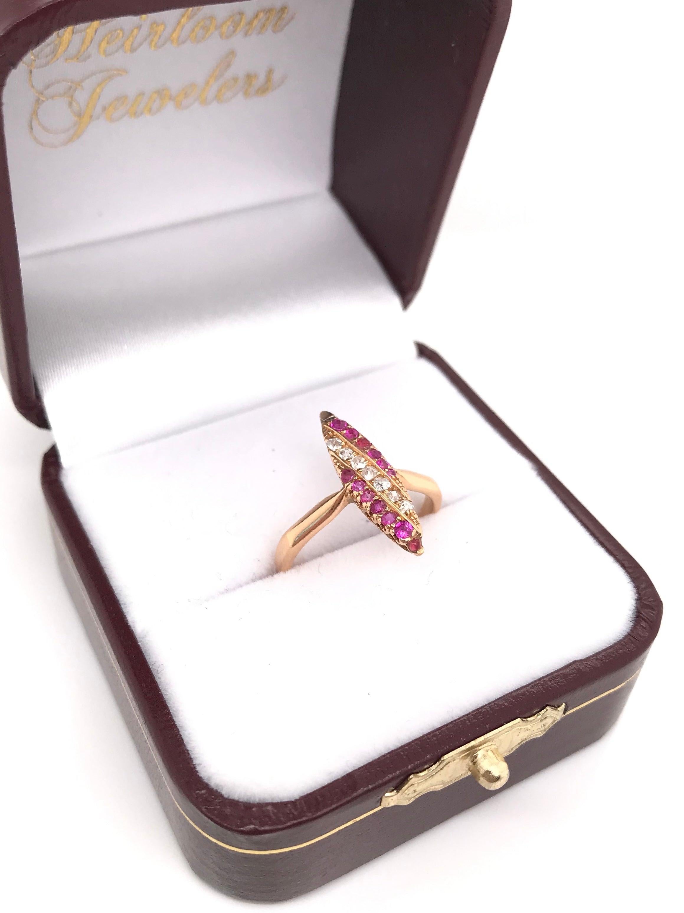 Victorian Ruby Diamond and Rose Gold Navette Ring 8
