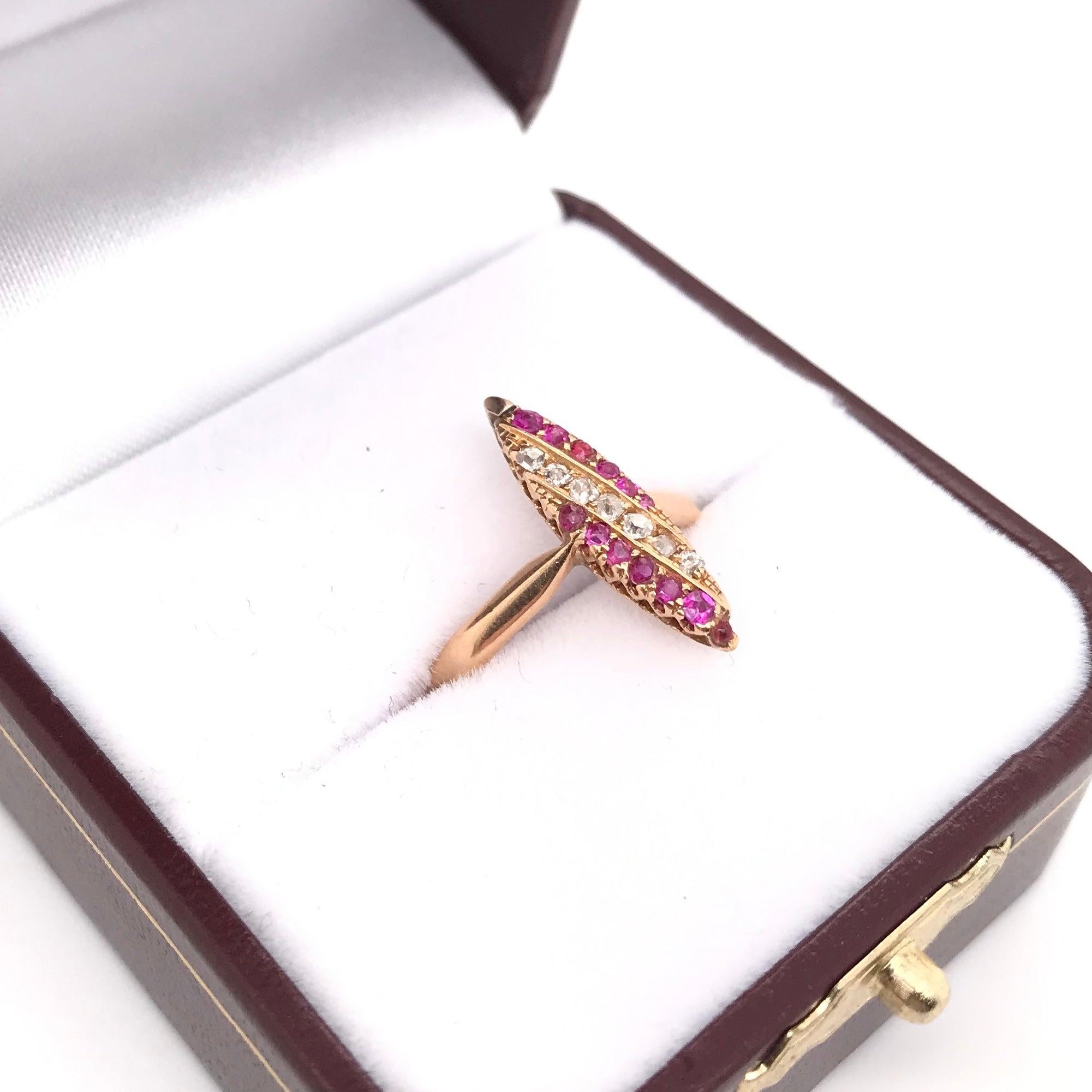 Victorian Ruby Diamond and Rose Gold Navette Ring 10