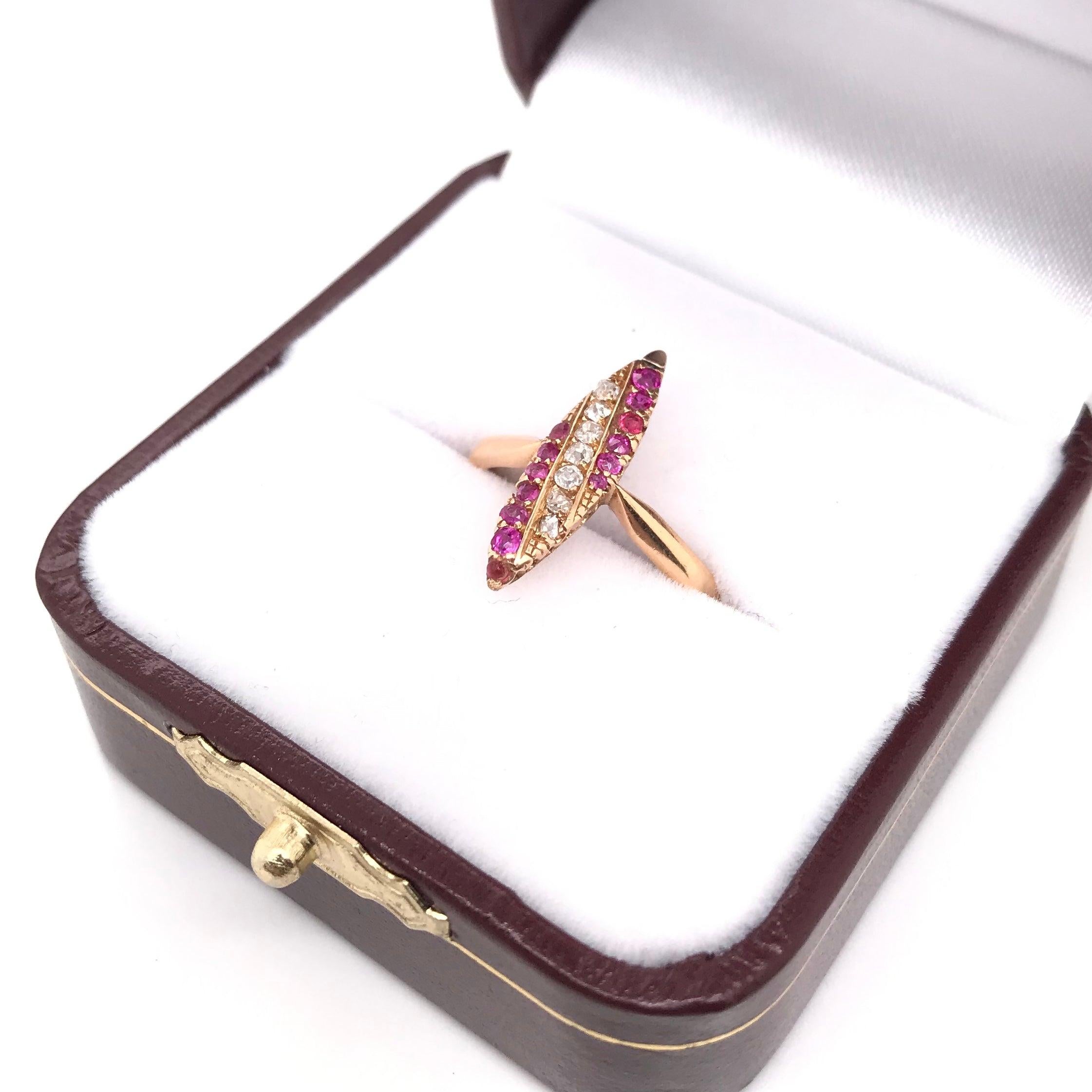 Victorian Ruby Diamond and Rose Gold Navette Ring 11