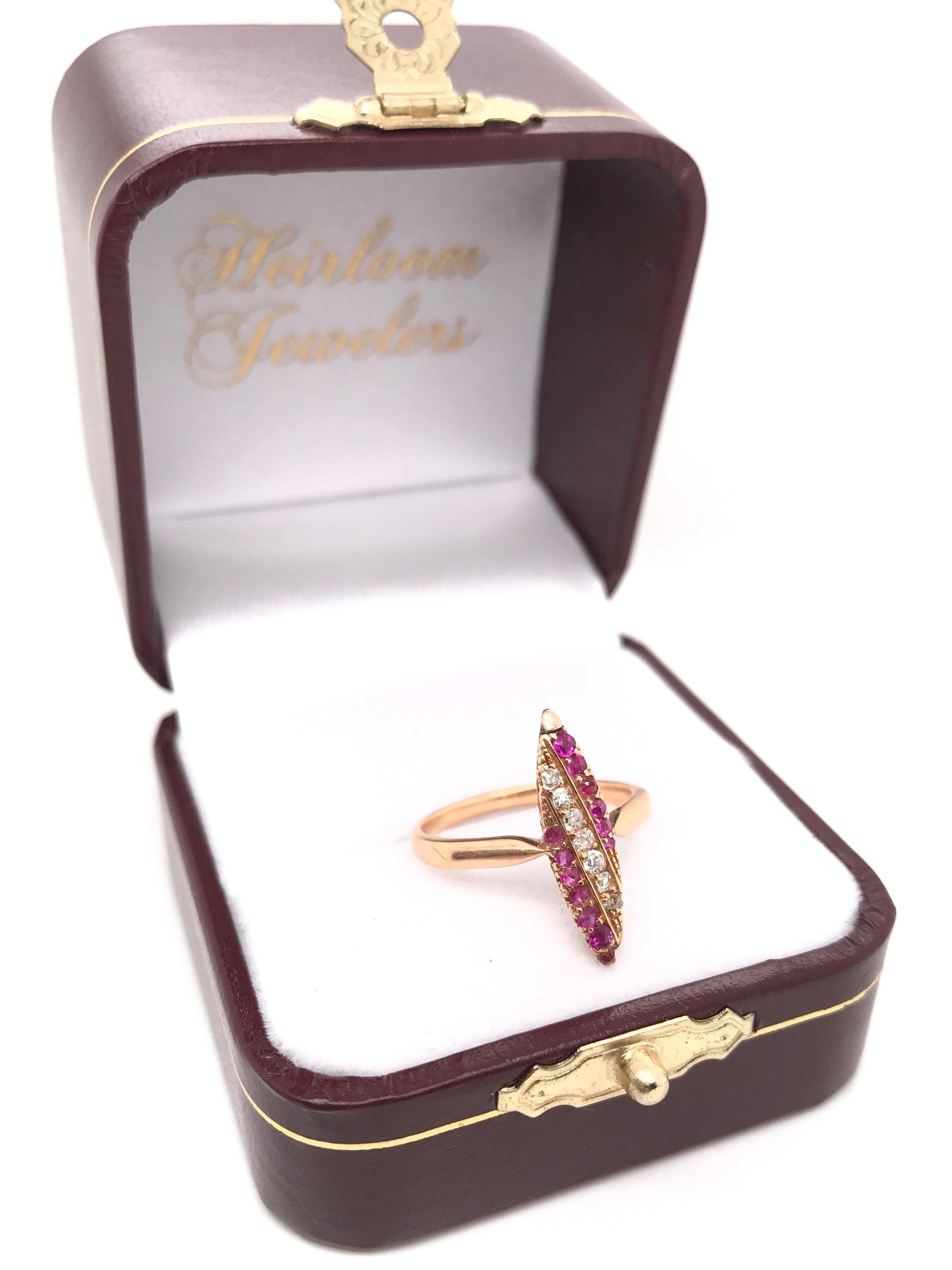 Victorian Ruby Diamond and Rose Gold Navette Ring 12