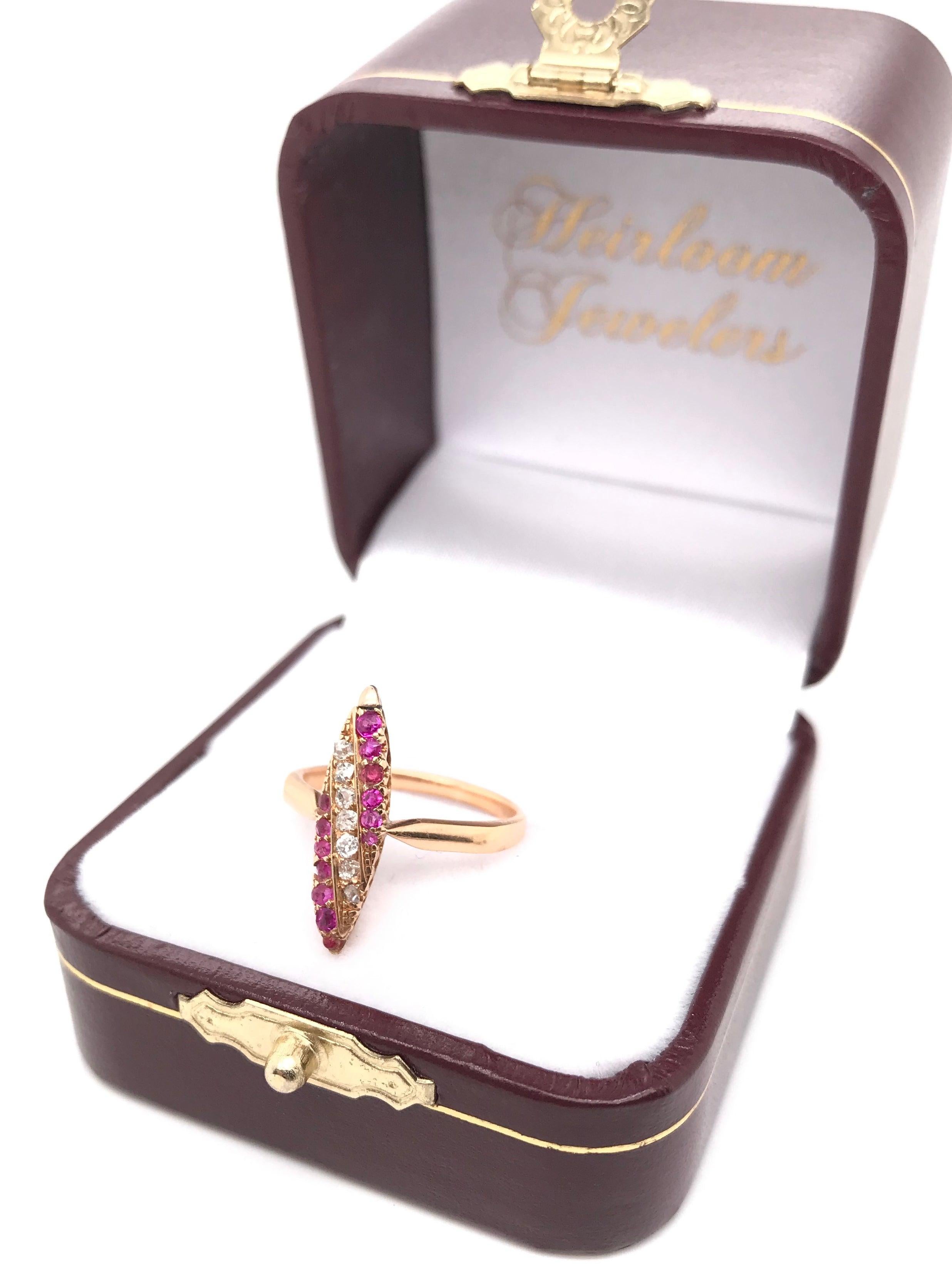Victorian Ruby Diamond and Rose Gold Navette Ring 13