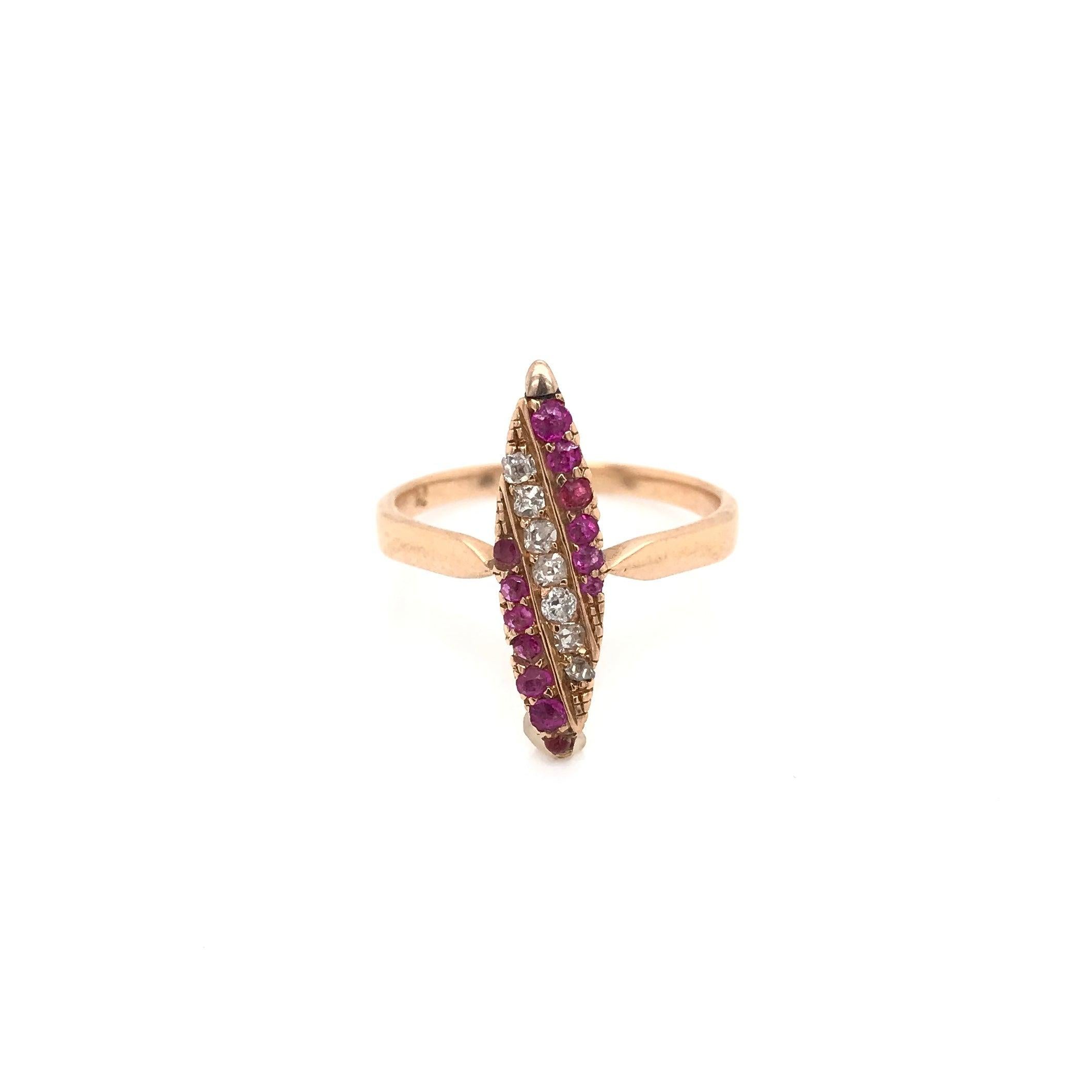 Round Cut Victorian Ruby Diamond and Rose Gold Navette Ring