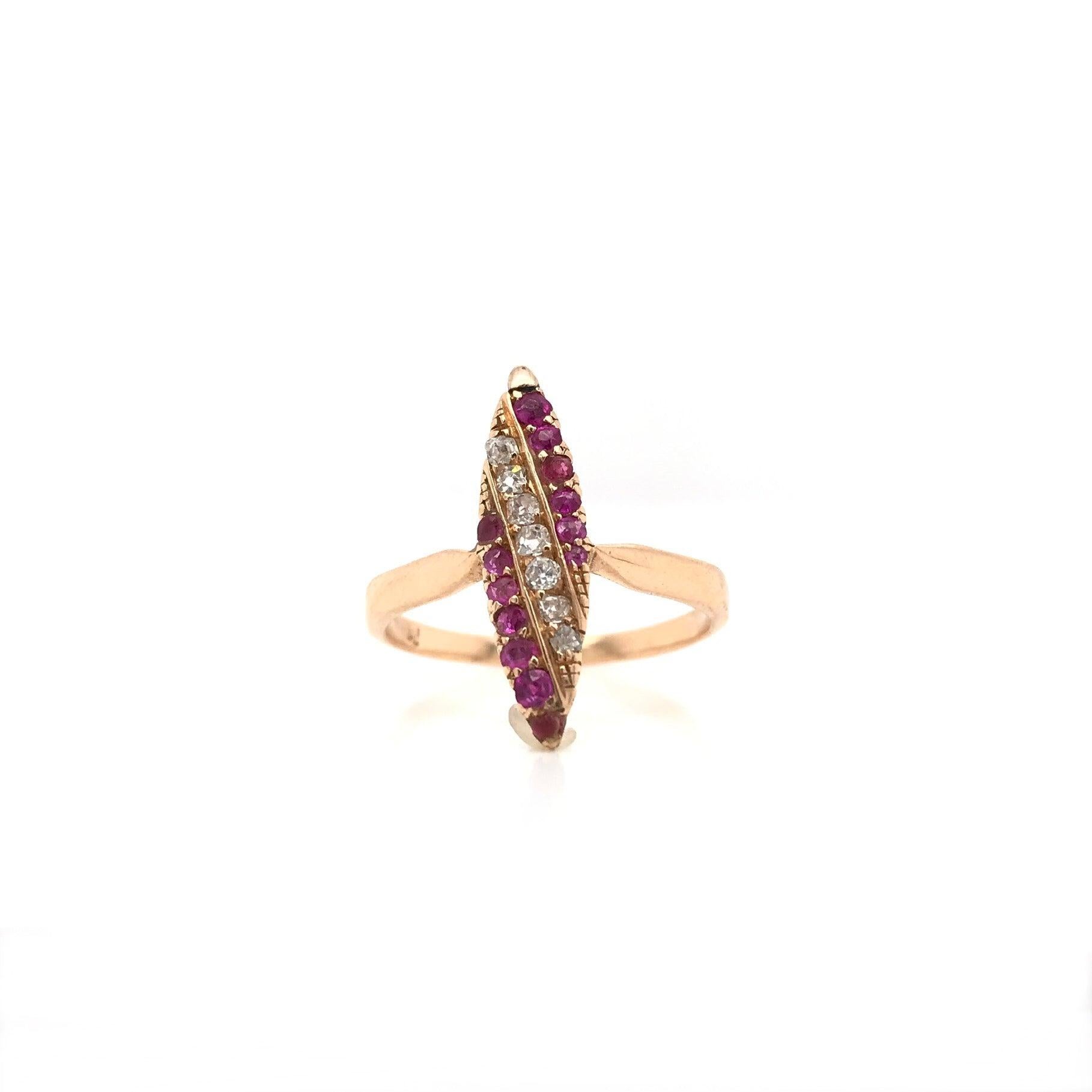 Victorian Ruby Diamond and Rose Gold Navette Ring In Excellent Condition In Montgomery, AL