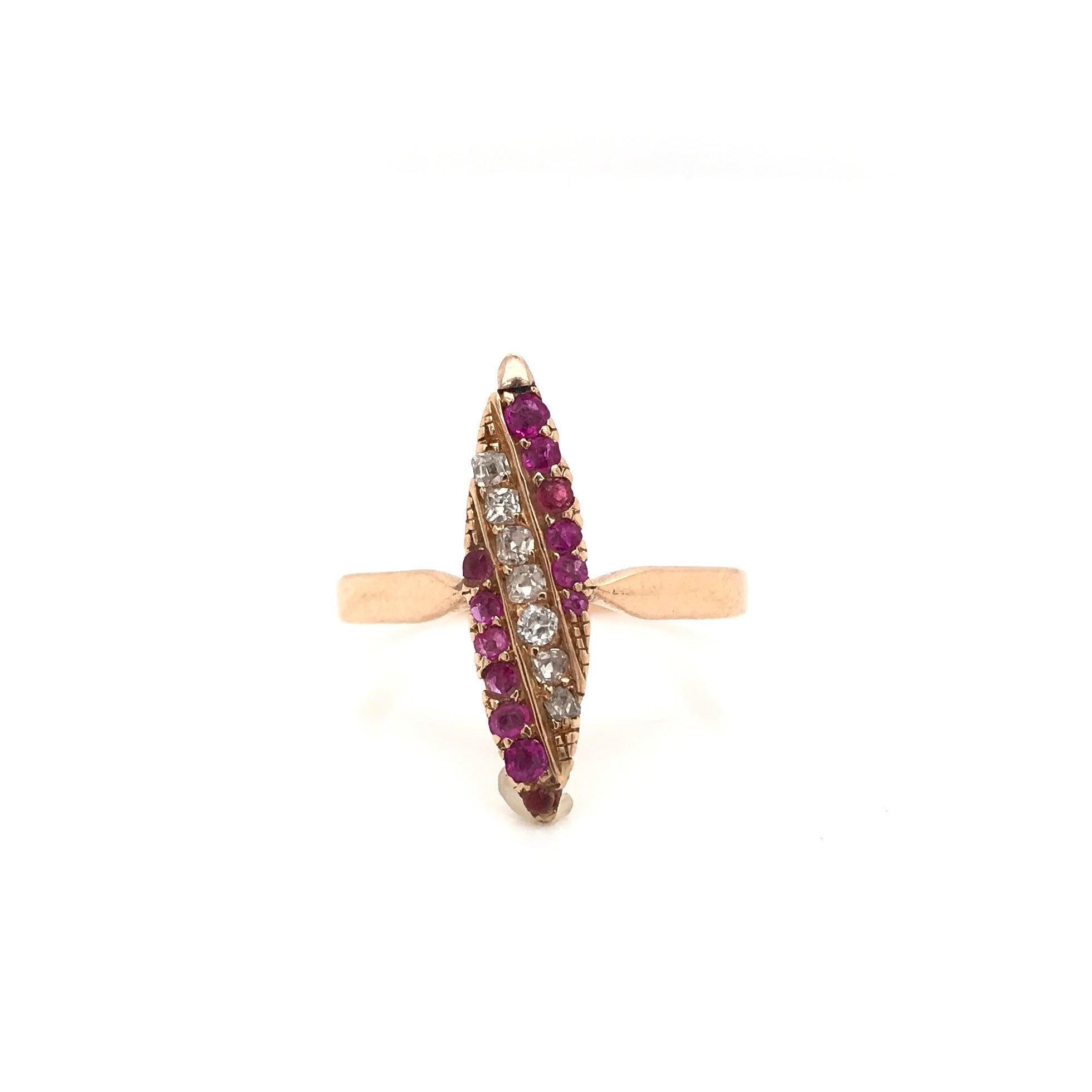 Women's Victorian Ruby Diamond and Rose Gold Navette Ring