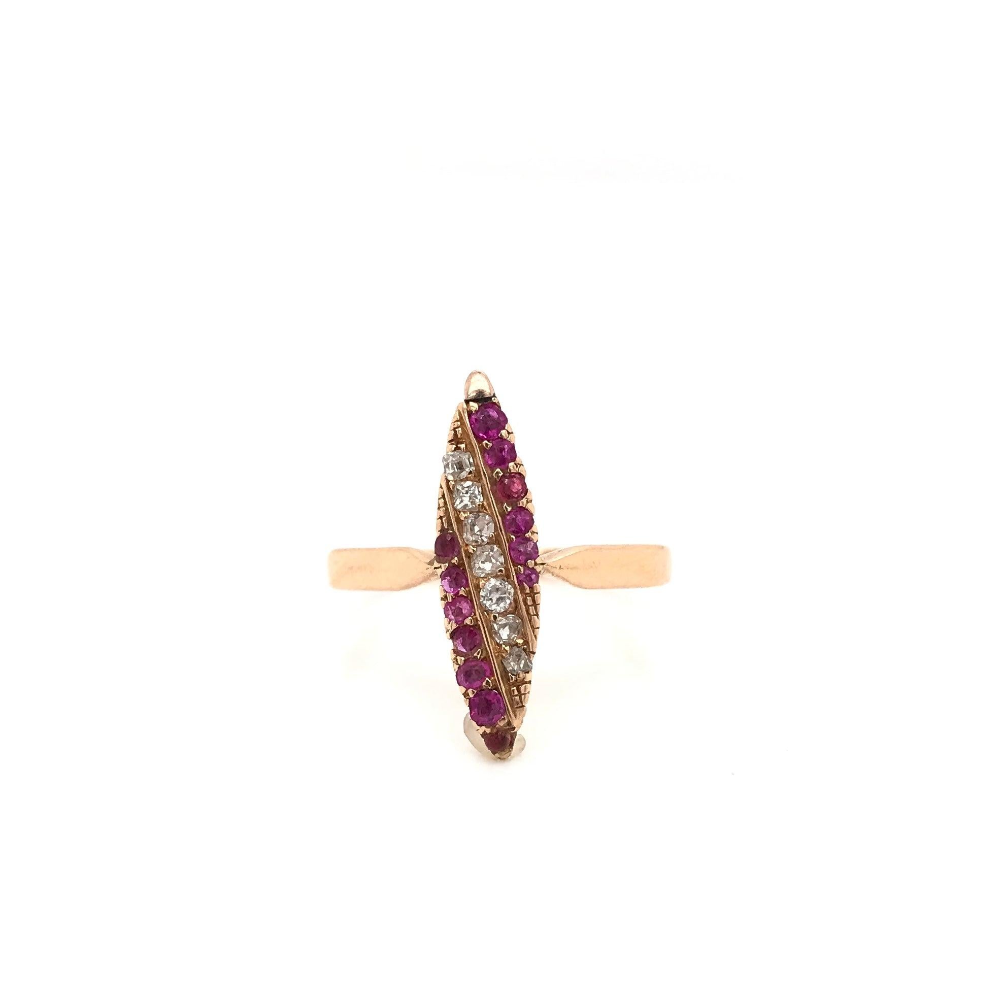 Victorian Ruby Diamond and Rose Gold Navette Ring 1