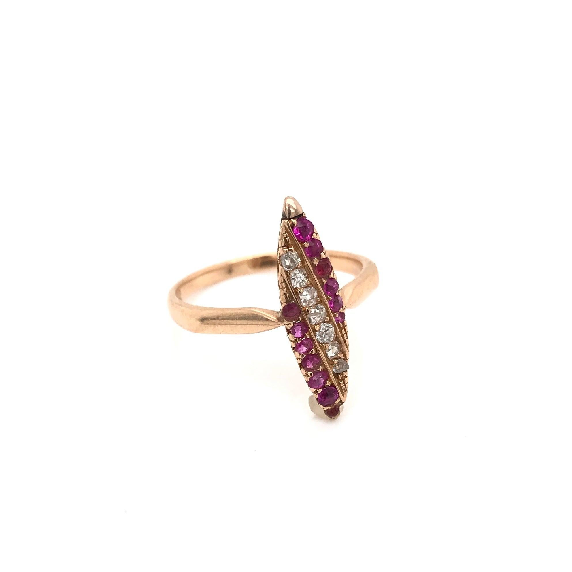 Victorian Ruby Diamond and Rose Gold Navette Ring 2