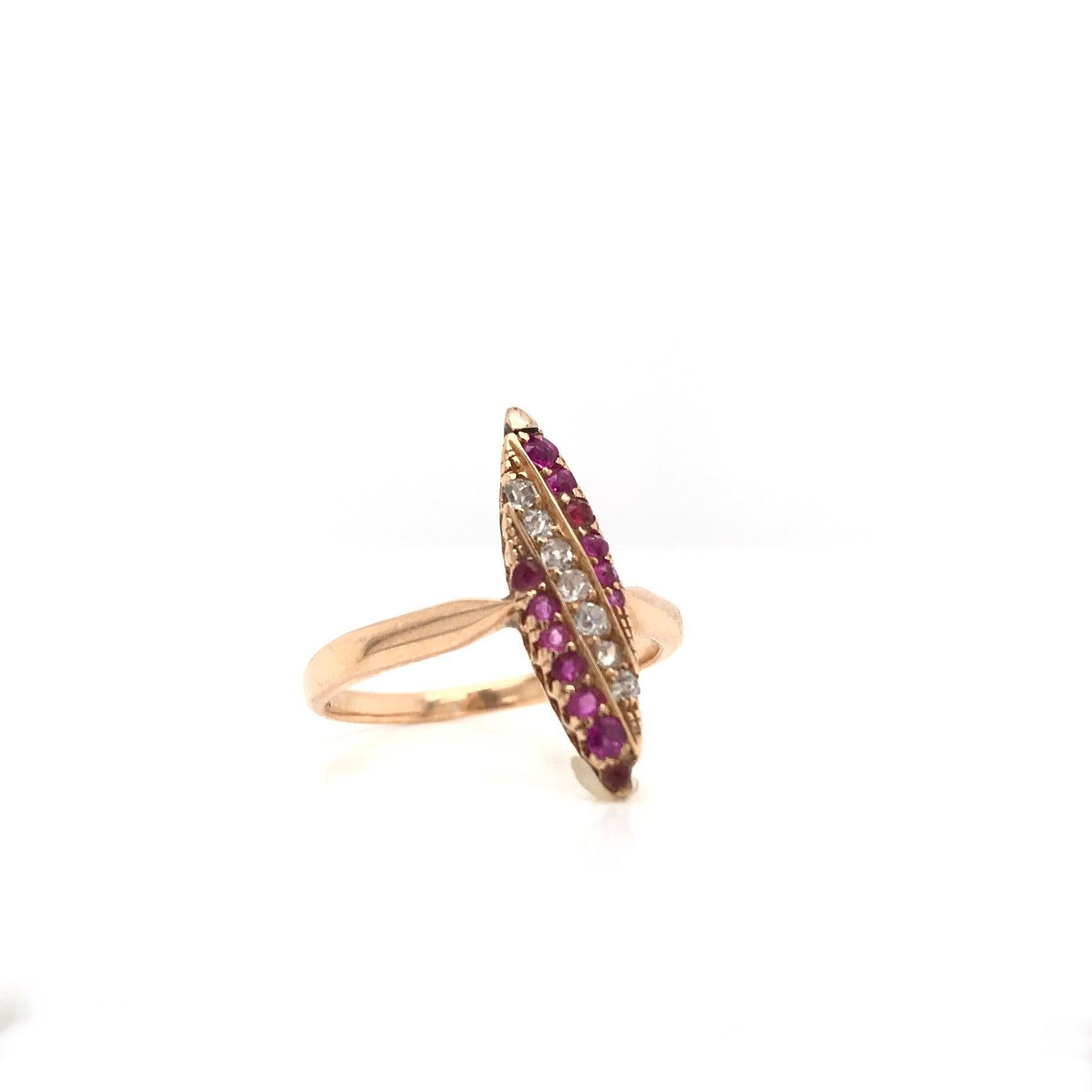 Victorian Ruby Diamond and Rose Gold Navette Ring 4