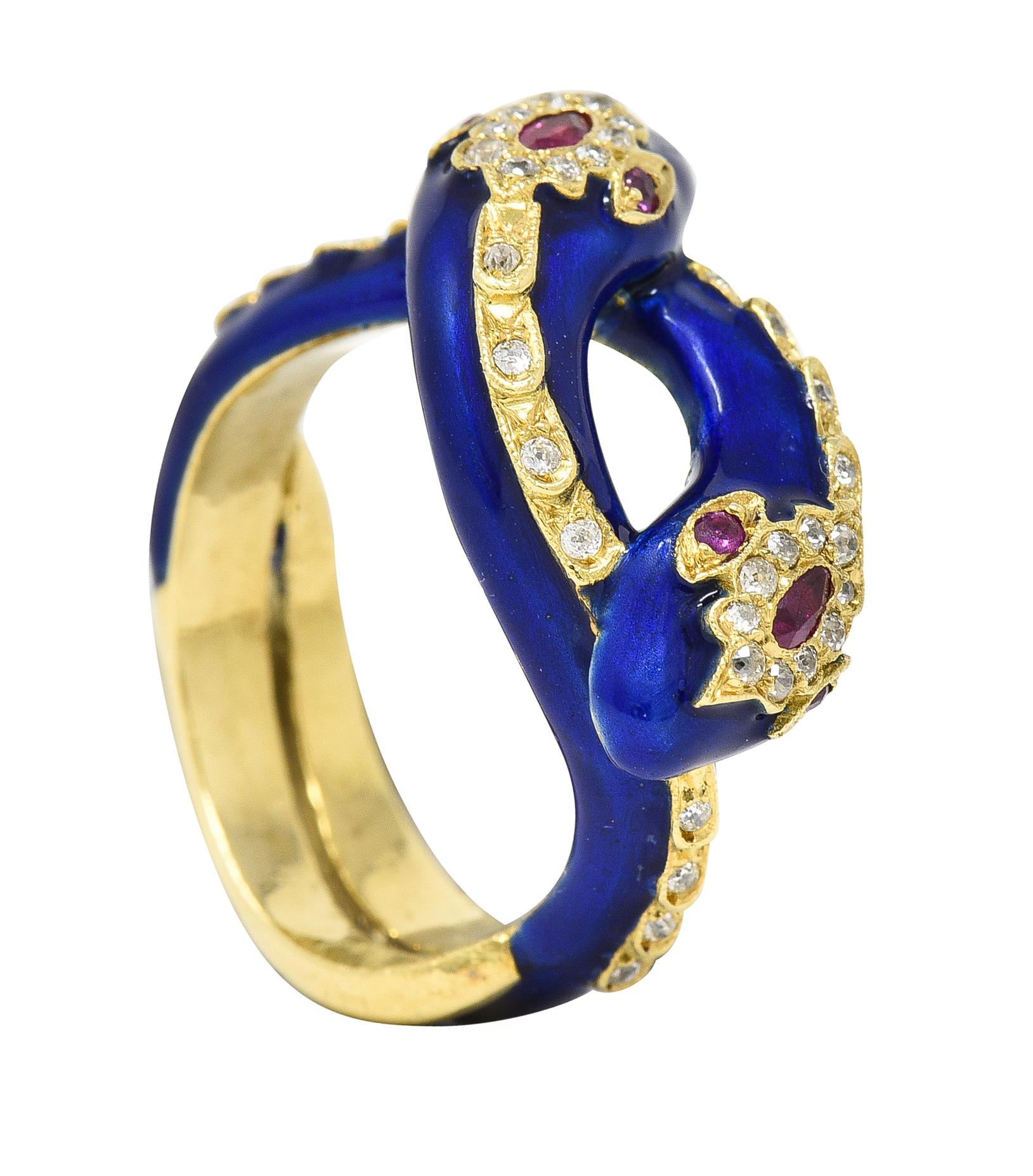 Victorian Ruby Diamond Blue Enamel 18 Karat Gold Antique Snake Antique Ring 5