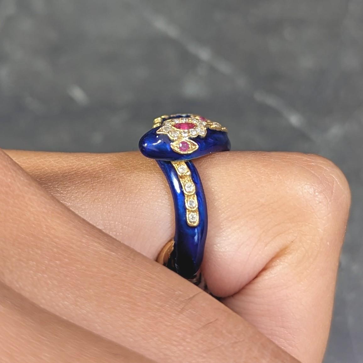 Victorian Ruby Diamond Blue Enamel 18 Karat Gold Antique Snake Antique Ring 7