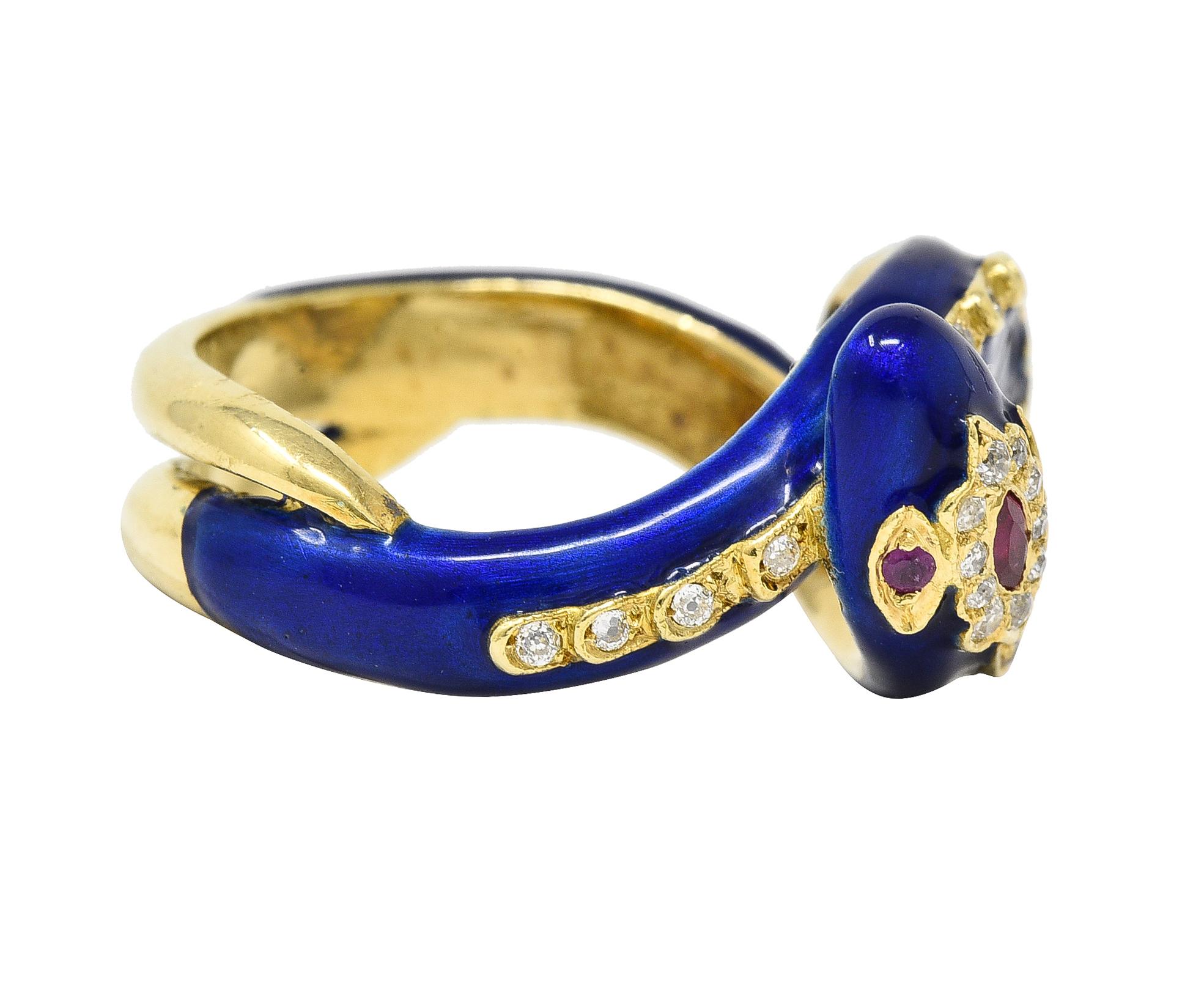 Round Cut Victorian Ruby Diamond Blue Enamel 18 Karat Gold Antique Snake Antique Ring