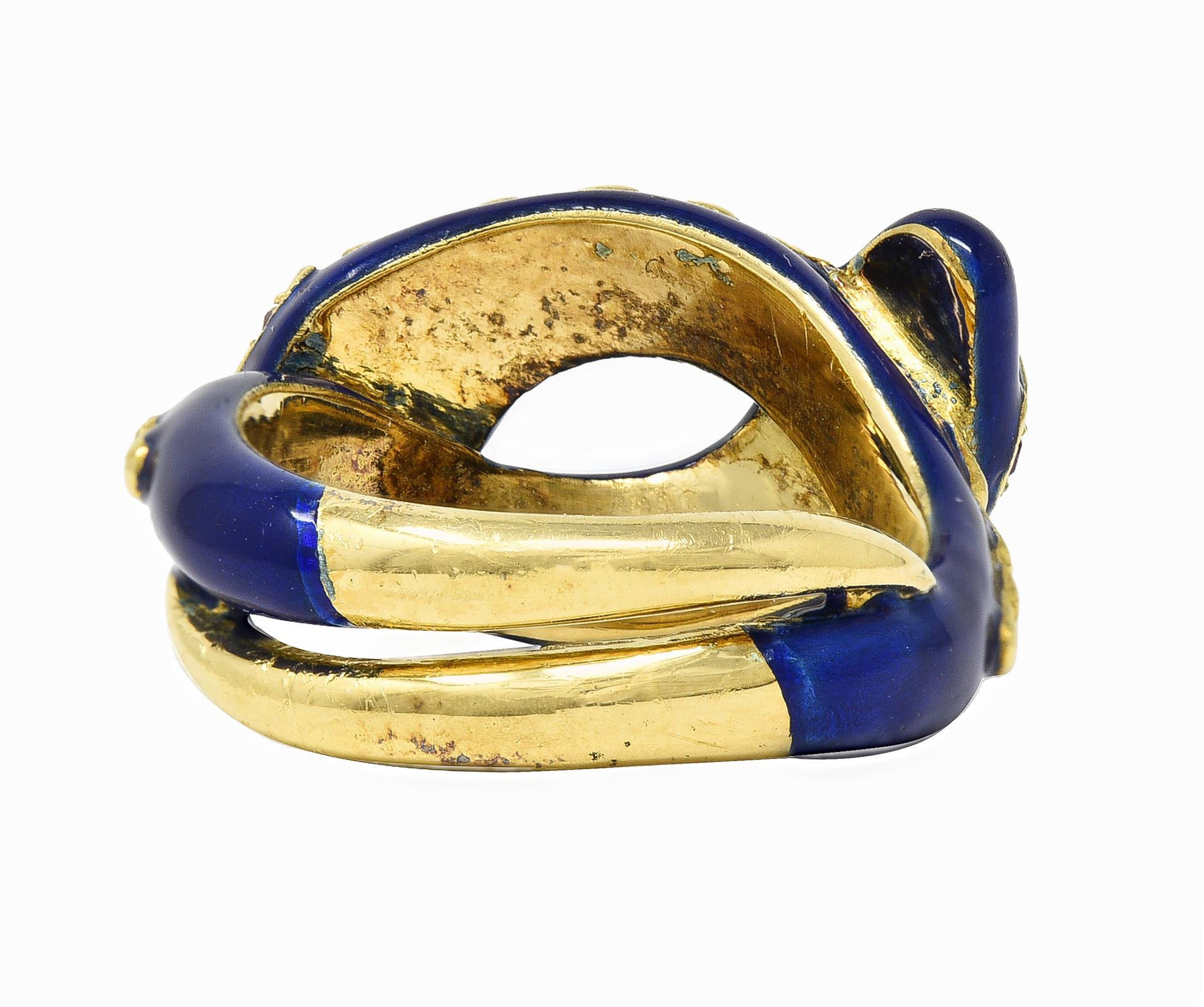 Victorian Ruby Diamond Blue Enamel 18 Karat Gold Antique Snake Antique Ring In Excellent Condition In Philadelphia, PA