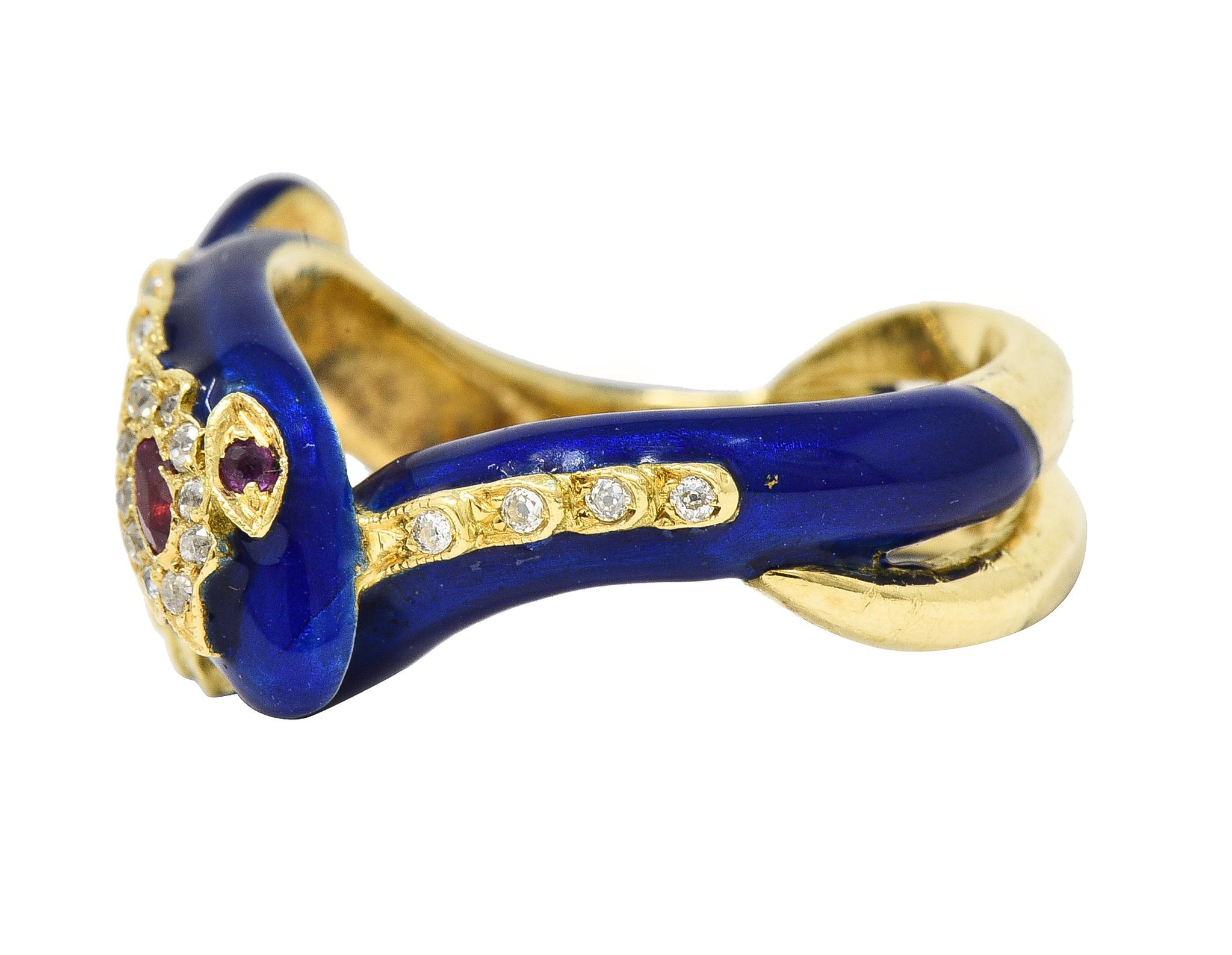 Women's or Men's Victorian Ruby Diamond Blue Enamel 18 Karat Gold Antique Snake Antique Ring