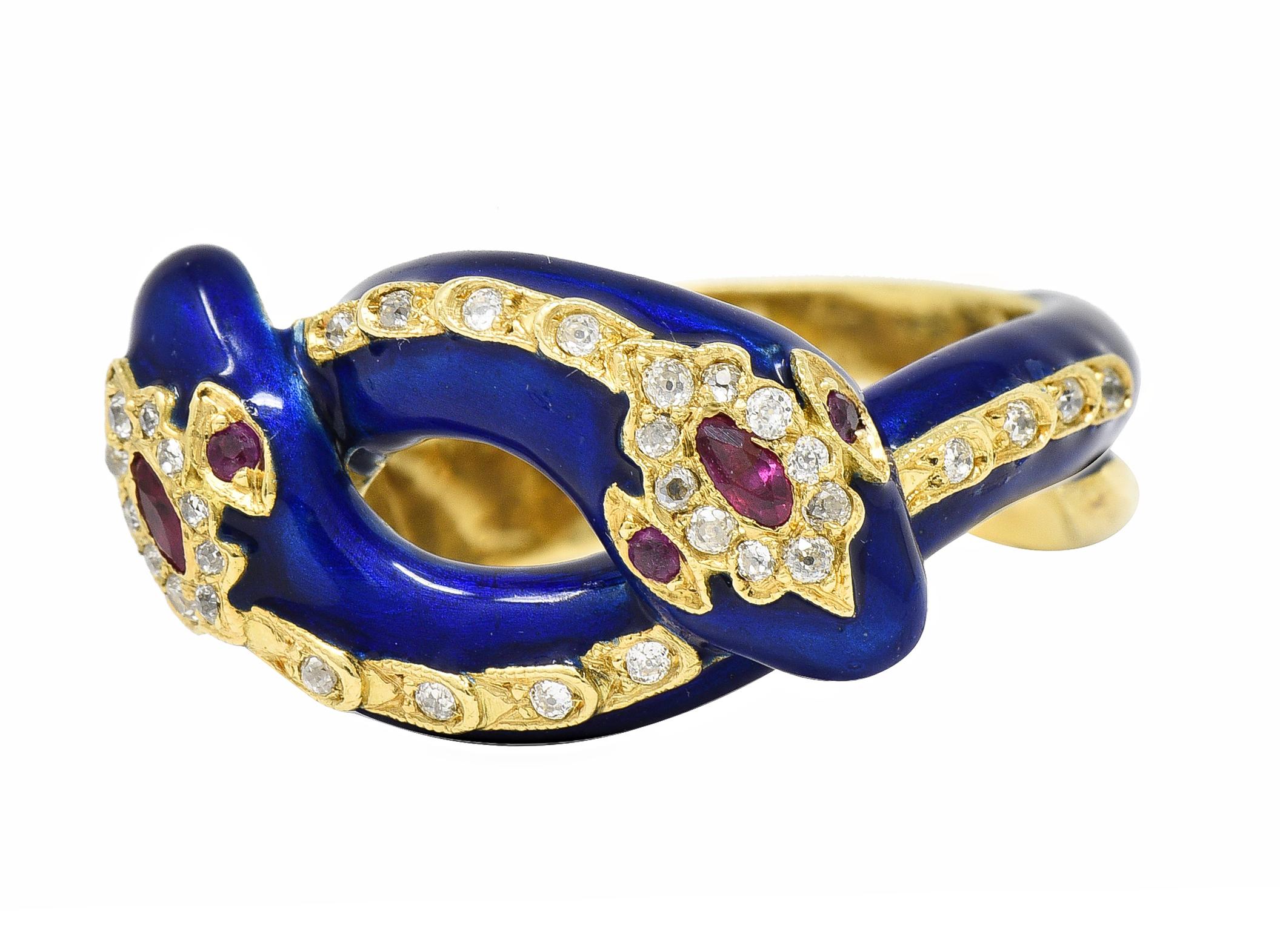 Victorian Ruby Diamond Blue Enamel 18 Karat Gold Antique Snake Antique Ring 1