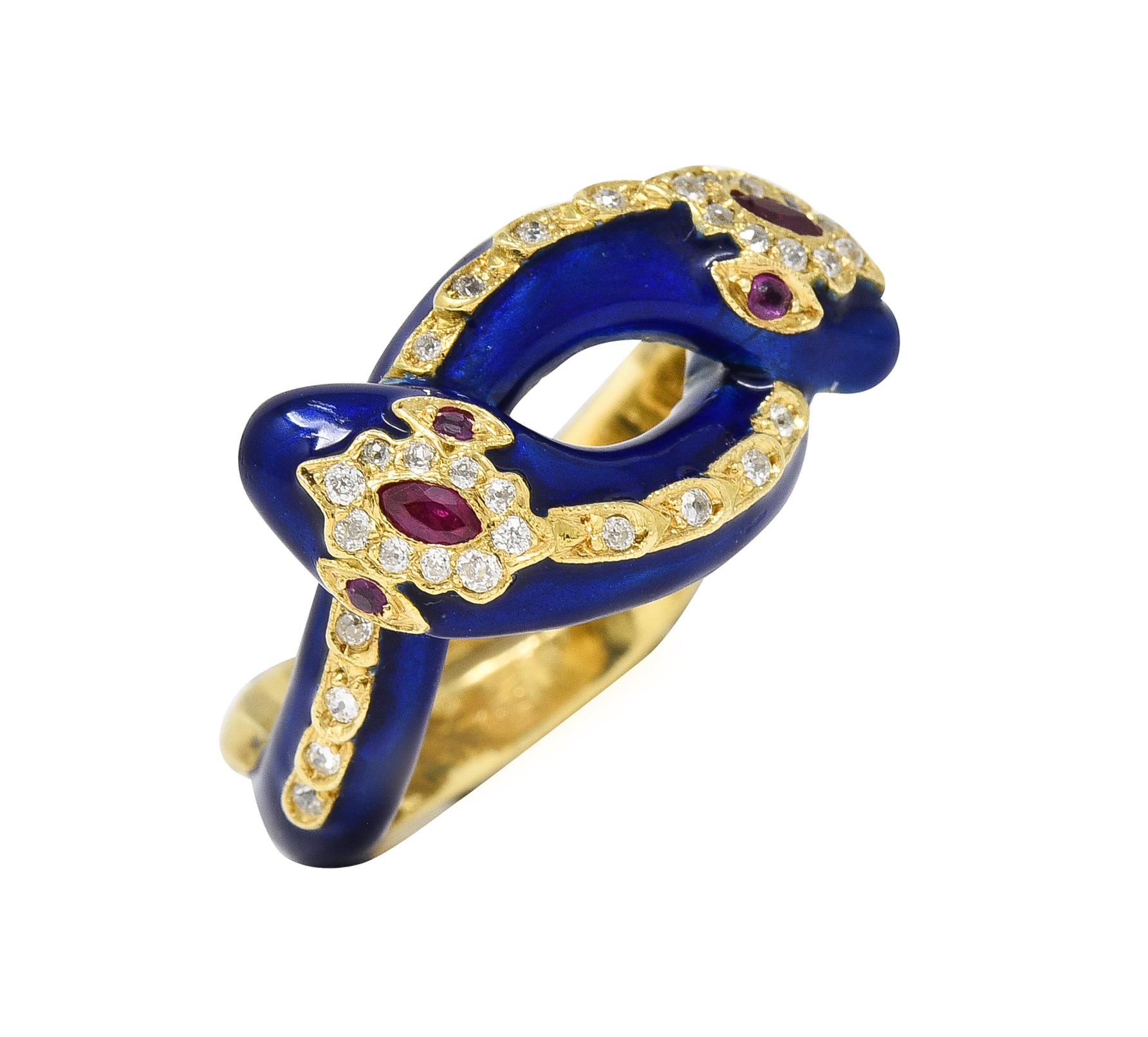 Victorian Ruby Diamond Blue Enamel 18 Karat Gold Antique Snake Antique Ring 2