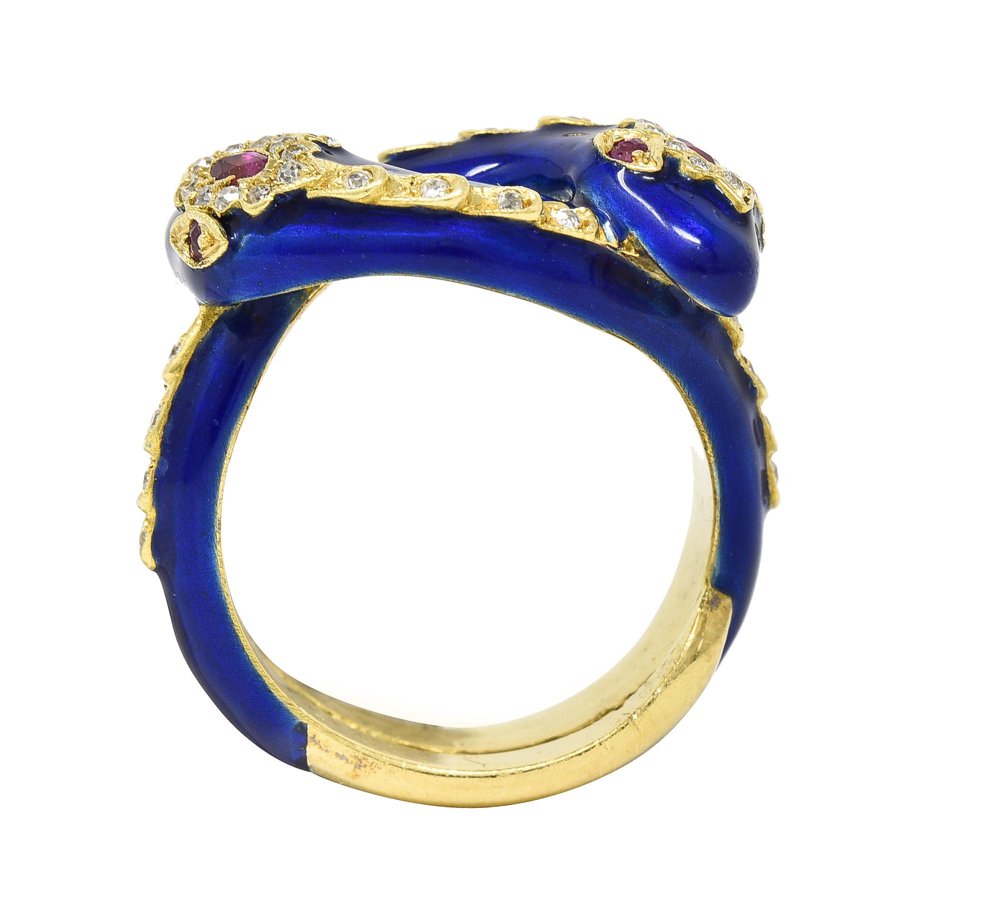 Victorian Ruby Diamond Blue Enamel 18 Karat Gold Antique Snake Antique Ring 3