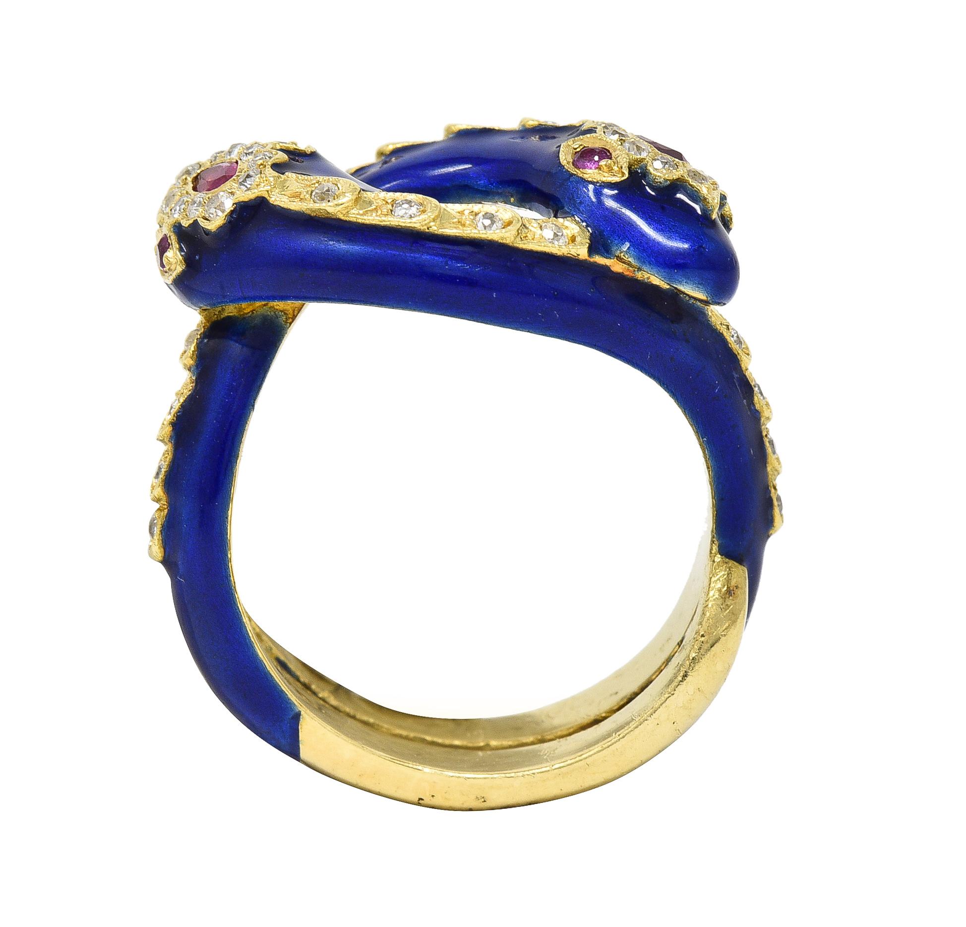 Victorian Ruby Diamond Blue Enamel 18 Karat Gold Antique Snake Antique Ring 4