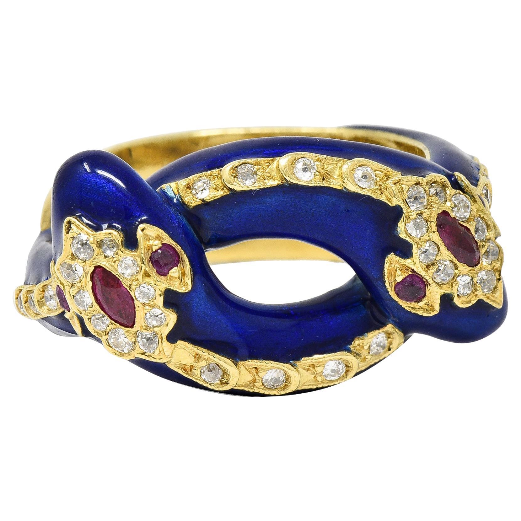 Victorian Ruby Diamond Blue Enamel 18 Karat Gold Antique Snake Antique Ring