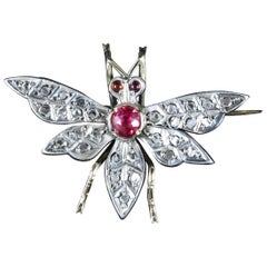 Victorian Ruby Diamond Butterfly 18 Carat Silver Brooch, circa 1900