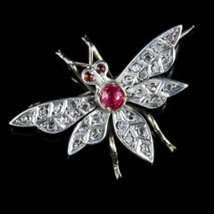 Victorian Ruby Diamond Butterfly 18 Carat Silver Brooch, circa 1900
