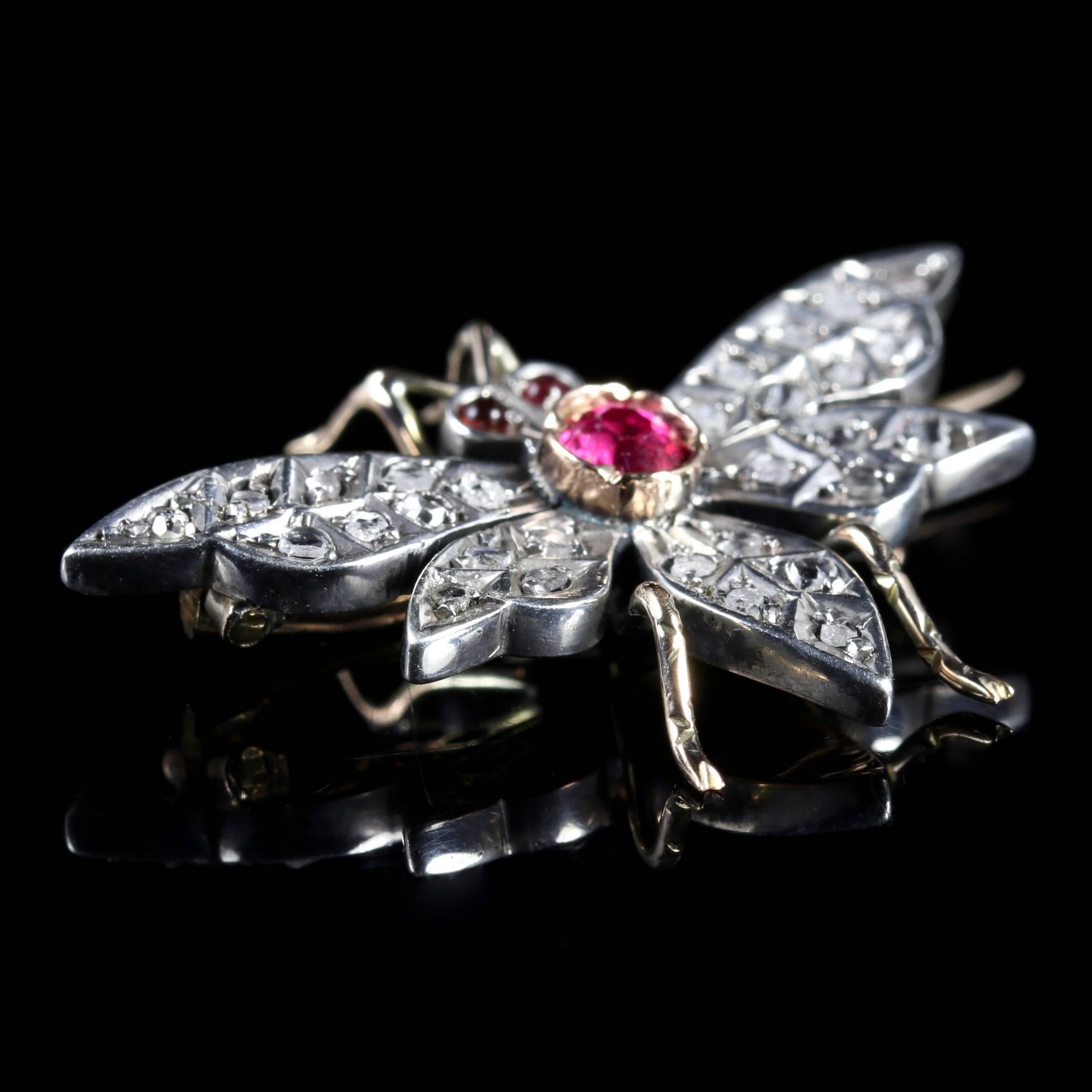 Victorian Ruby Diamond Butterfly 18 Carat Silver Brooch, circa 1900 In Excellent Condition For Sale In Lancaster, Lancashire