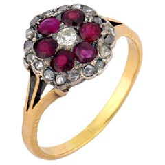 Victorian ruby diamond cluster 18k yellow gold silver ring