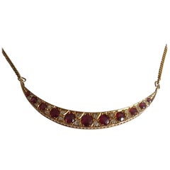 Victorian Ruby Diamond Crescent Gold Necklace