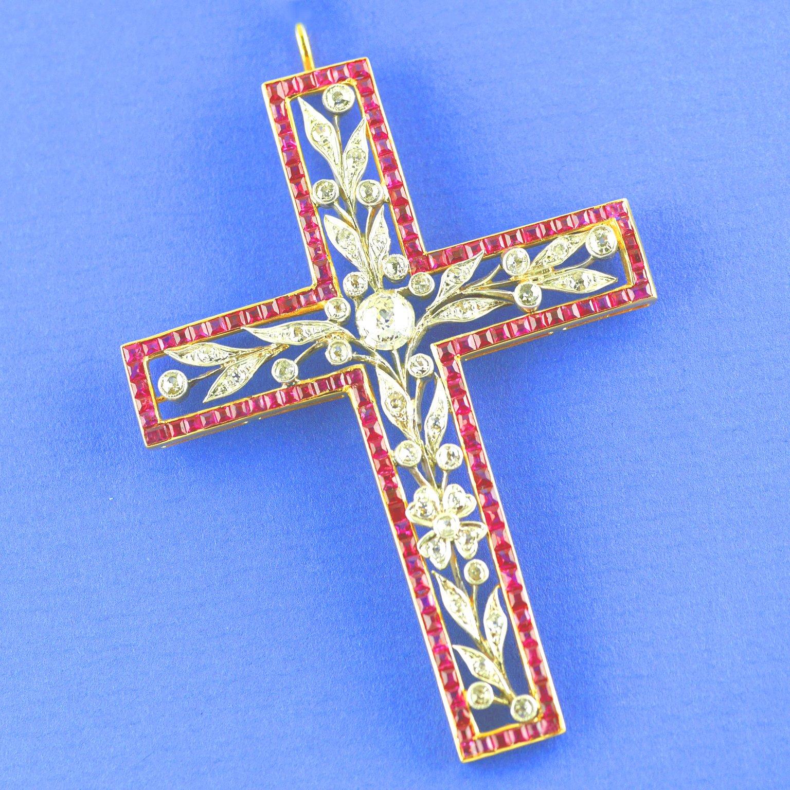 Viktorianisches Rubin-Diamant-Kreuz im viktorianischen Stil, um 1850 (Alteuropäischer Brillantschliff) im Angebot