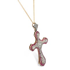 Victorian ruby diamond cross silver gold pendant necklace