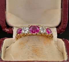 Victorian Ruby Diamond Five Stone English 18 KT Ring