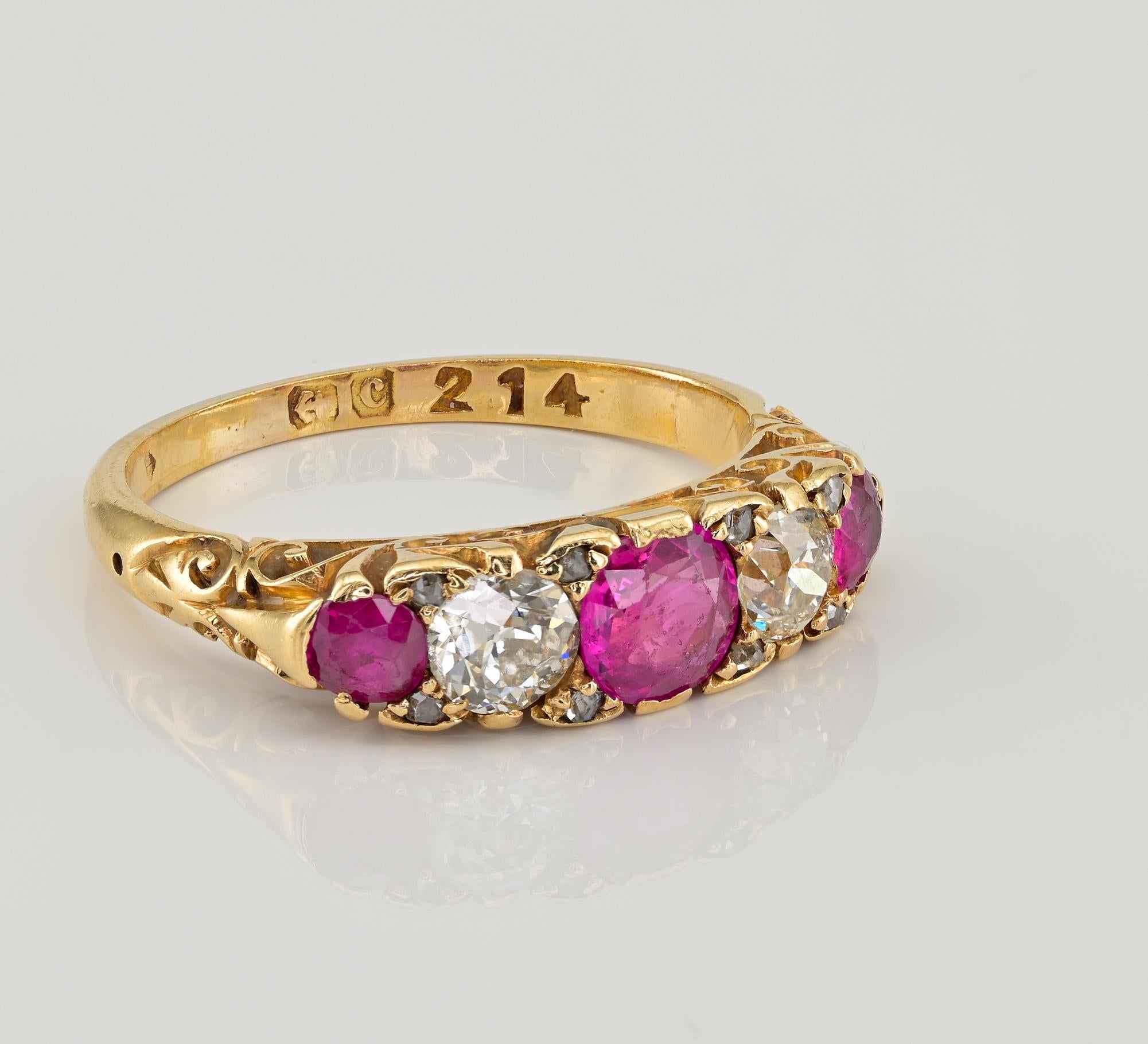 Oval Cut Victorian Ruby Diamond Five Stone English 18 KT Ring For Sale