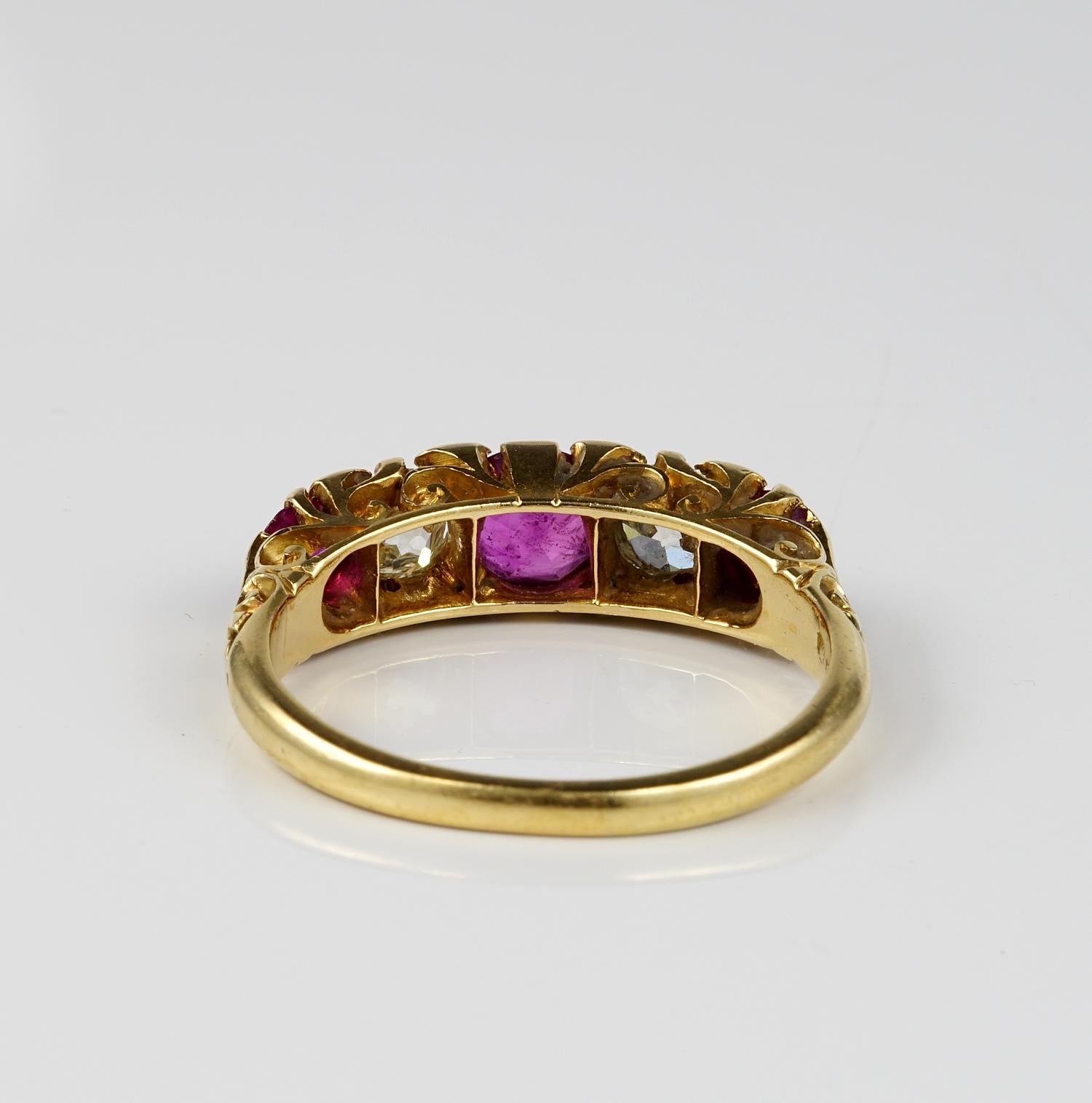 Victorian Ruby Diamond Five Stone English 18 KT Ring For Sale 3