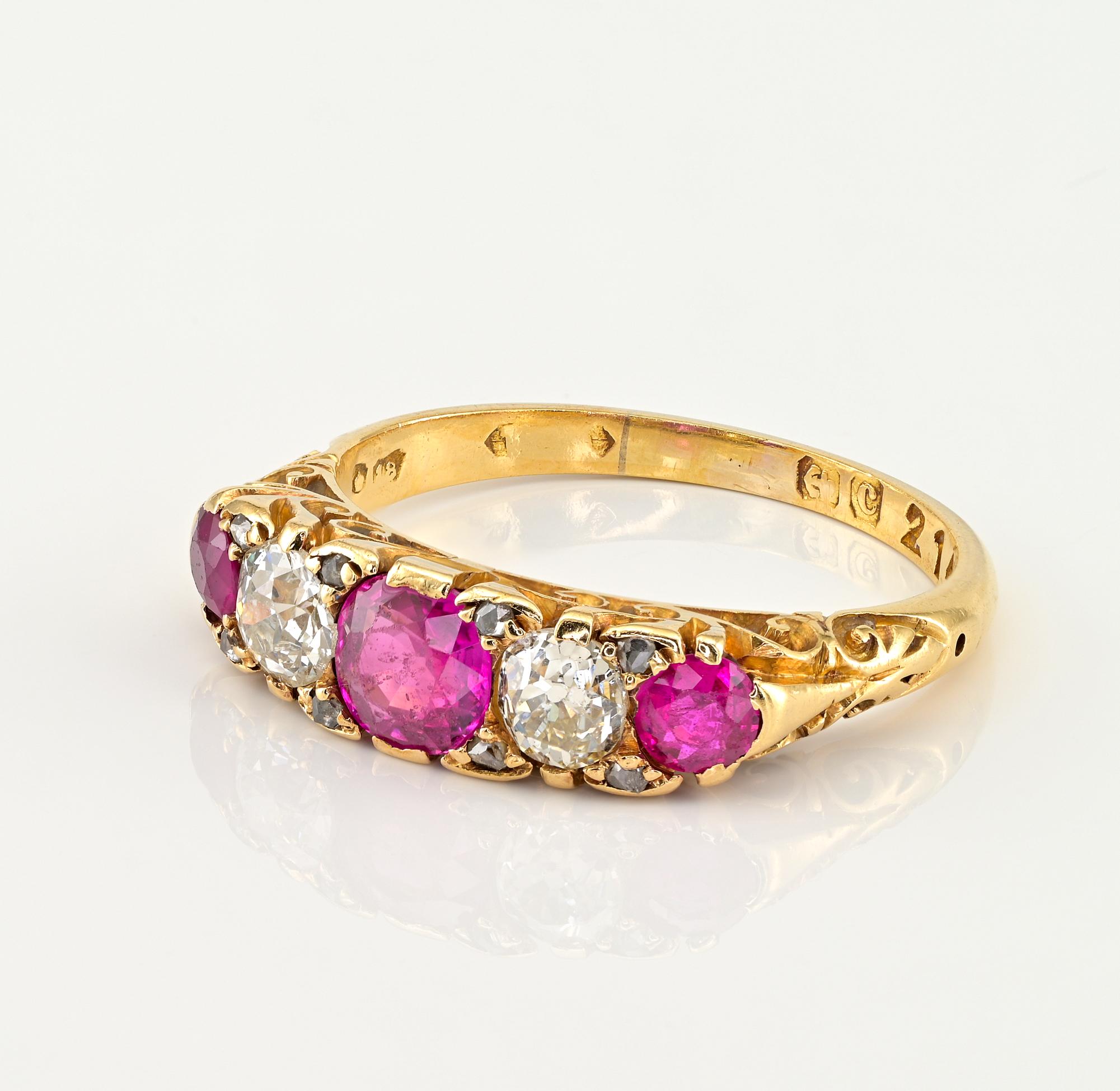 Women's or Men's Victorian Ruby Diamond Five Stone English 18 KT Ring For Sale