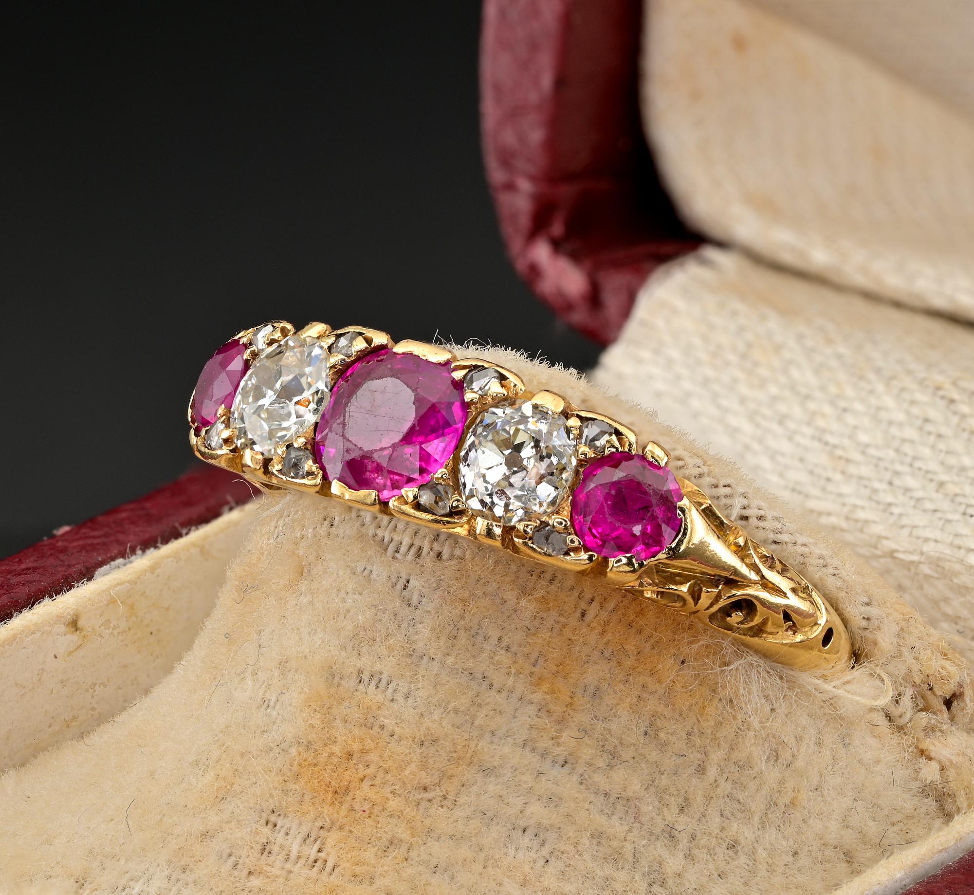 Victorian Ruby Diamond Five Stone English 18 KT Ring For Sale 1