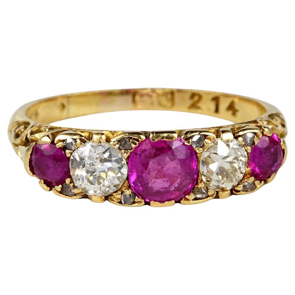 Victorian Ruby Diamond Five Stone English 18 KT Ring For Sale