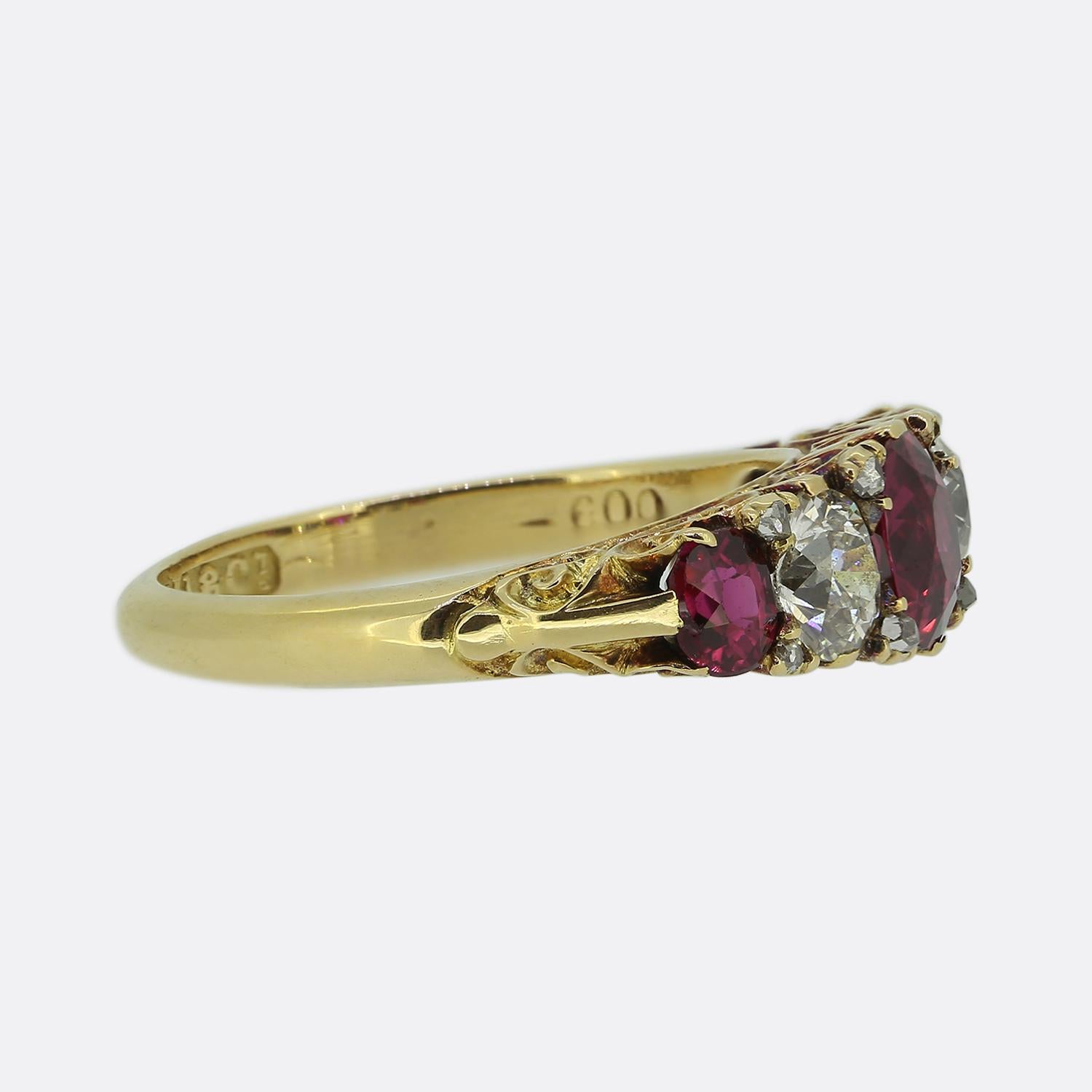 Oval Cut Victorian Ruby Diamond Five Stone Ring For Sale
