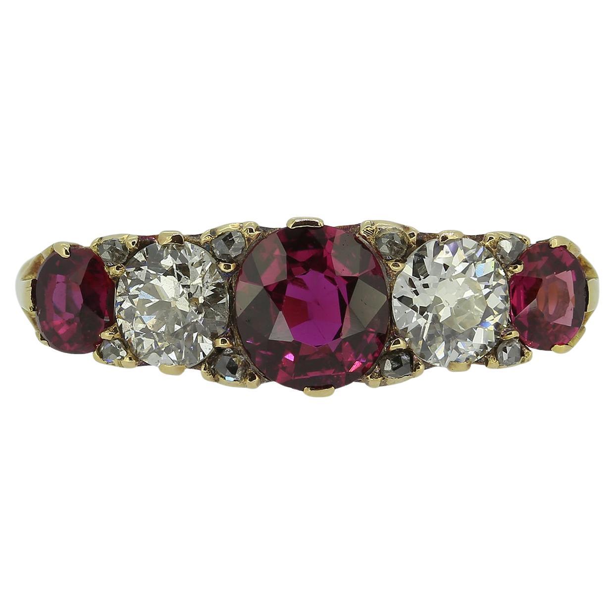 Victorian Ruby Diamond Five Stone Ring For Sale