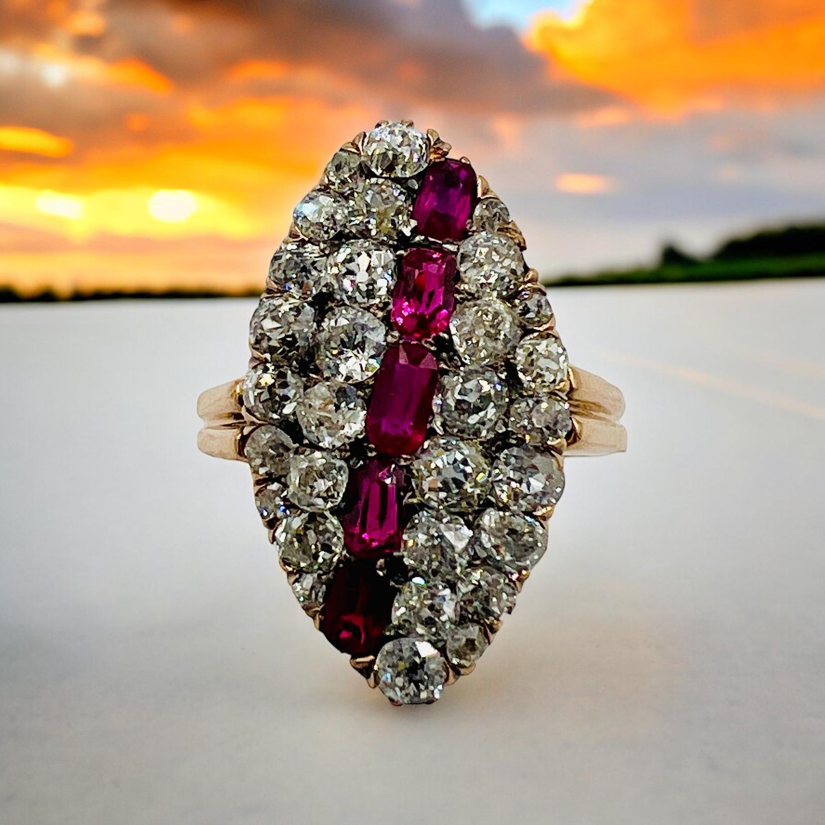 Victorian ruby diamond gold ring, circa 1890s.

This navette shaped Victorian Ruby Diamond Gold Ring is a timeless piece of jewelry that encapsulates the elegance and opulence of the Victorian era. Crafted with intricate detail and exquisite
