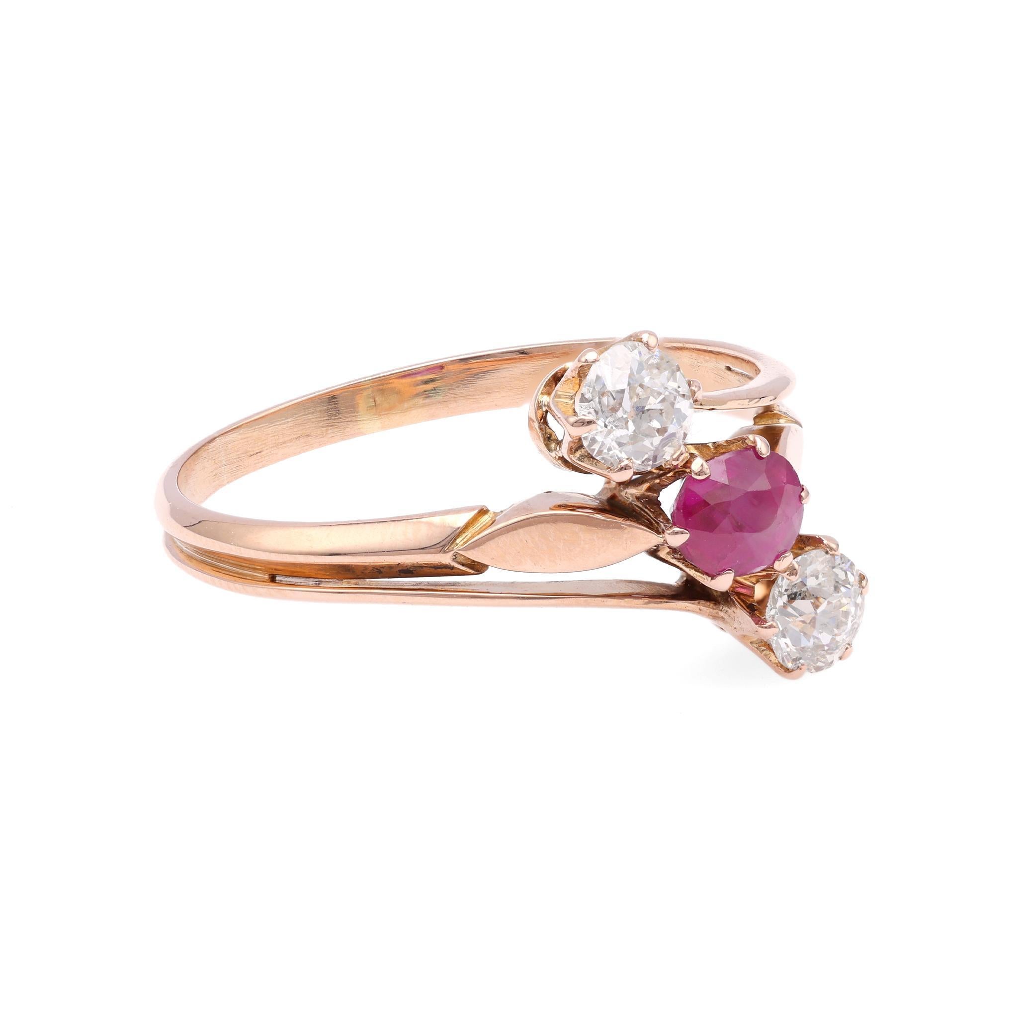 Oval Cut Victorian Ruby Diamond Gold Three Stone Ring For Sale