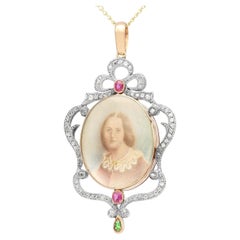 Victorian Ruby Diamond Green Paste Rose Gold Pendant / Locket