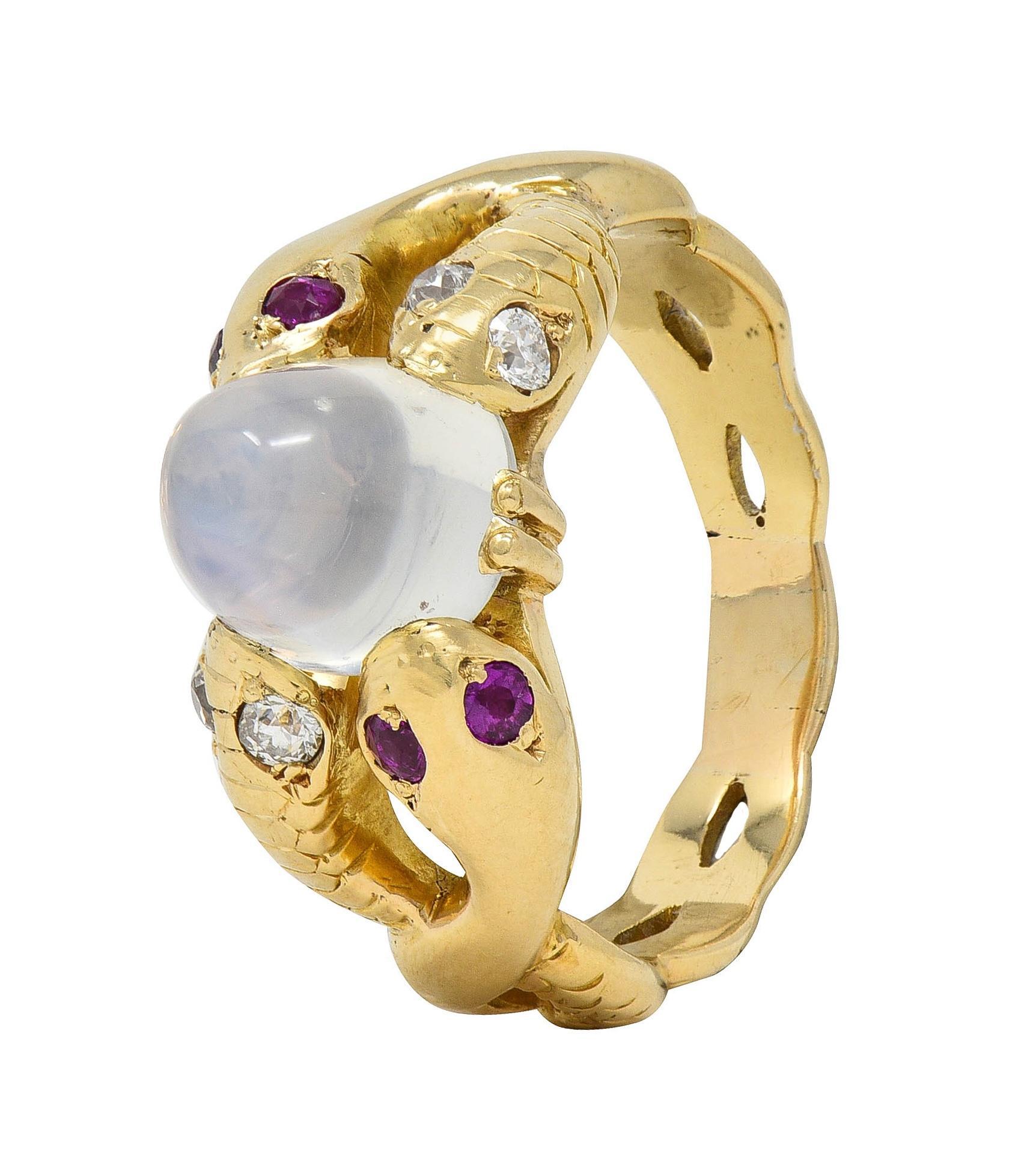 Victorian Ruby Diamond Moonstone Cabochon 14K Yellow Gold Antique Snake Ring For Sale 5