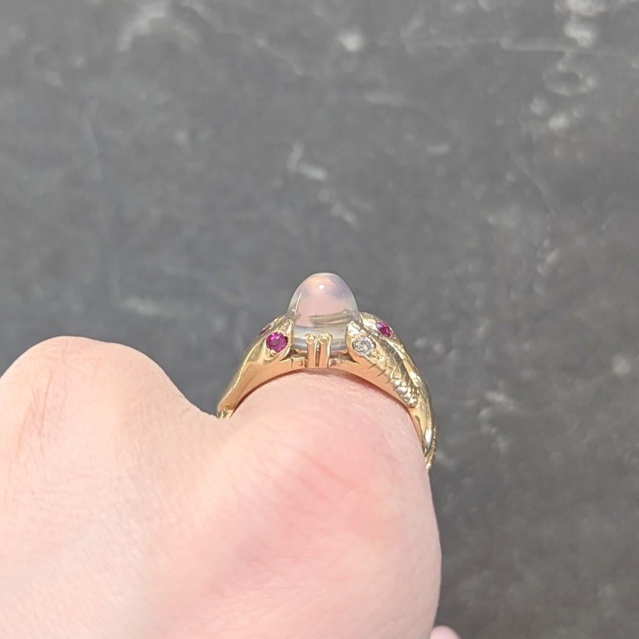 Victorian Ruby Diamond Moonstone Cabochon 14K Yellow Gold Antique Snake Ring For Sale 6