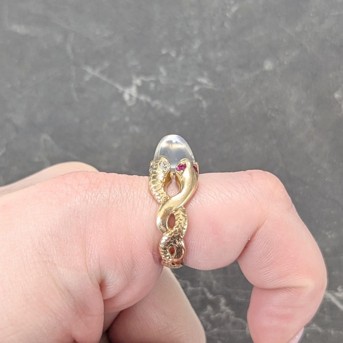 Victorian Ruby Diamond Moonstone Cabochon 14K Yellow Gold Antique Snake Ring For Sale 7